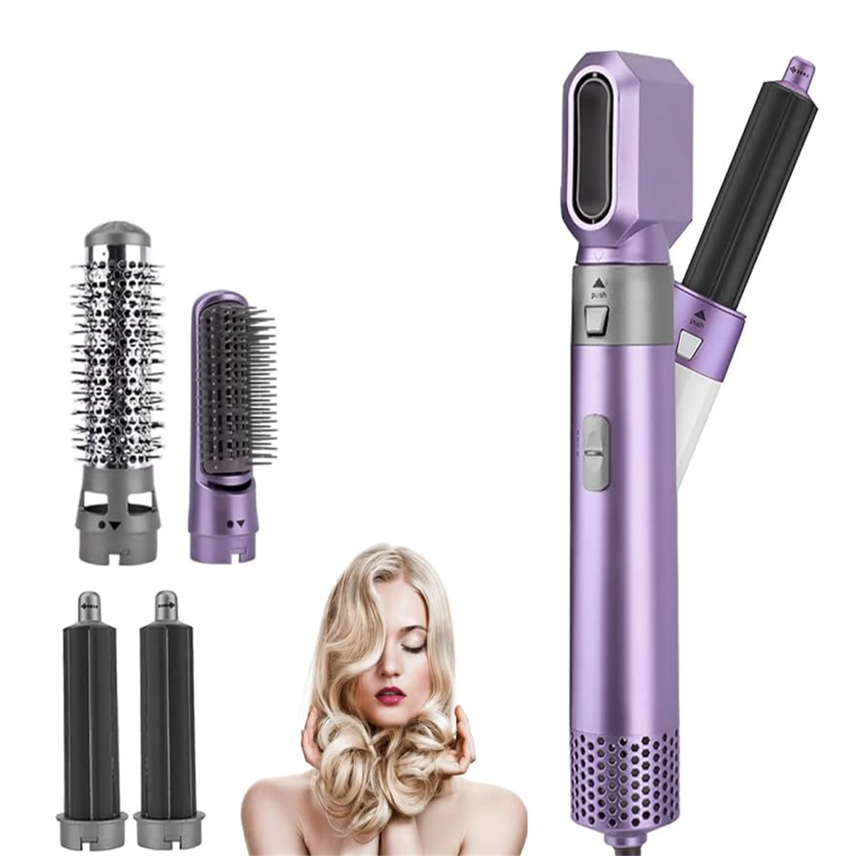 Haarstyling-Werkzeug mit mehreren Aufsätzen und einer Frau mit blonden Haaren im Hintergrund.