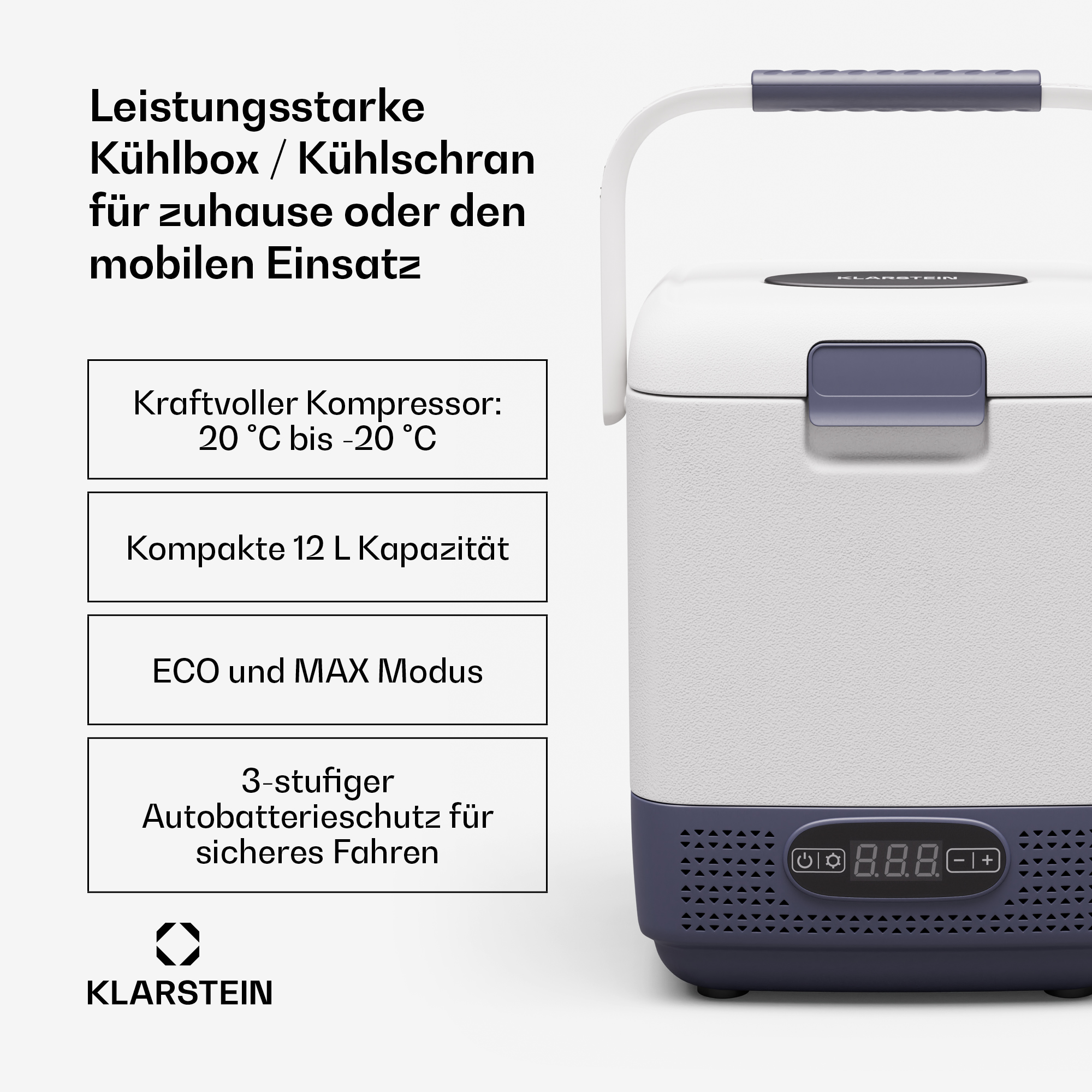 Frigorifero portatile bianco e blu con display digitale. Il testo elenca le caratteristiche.