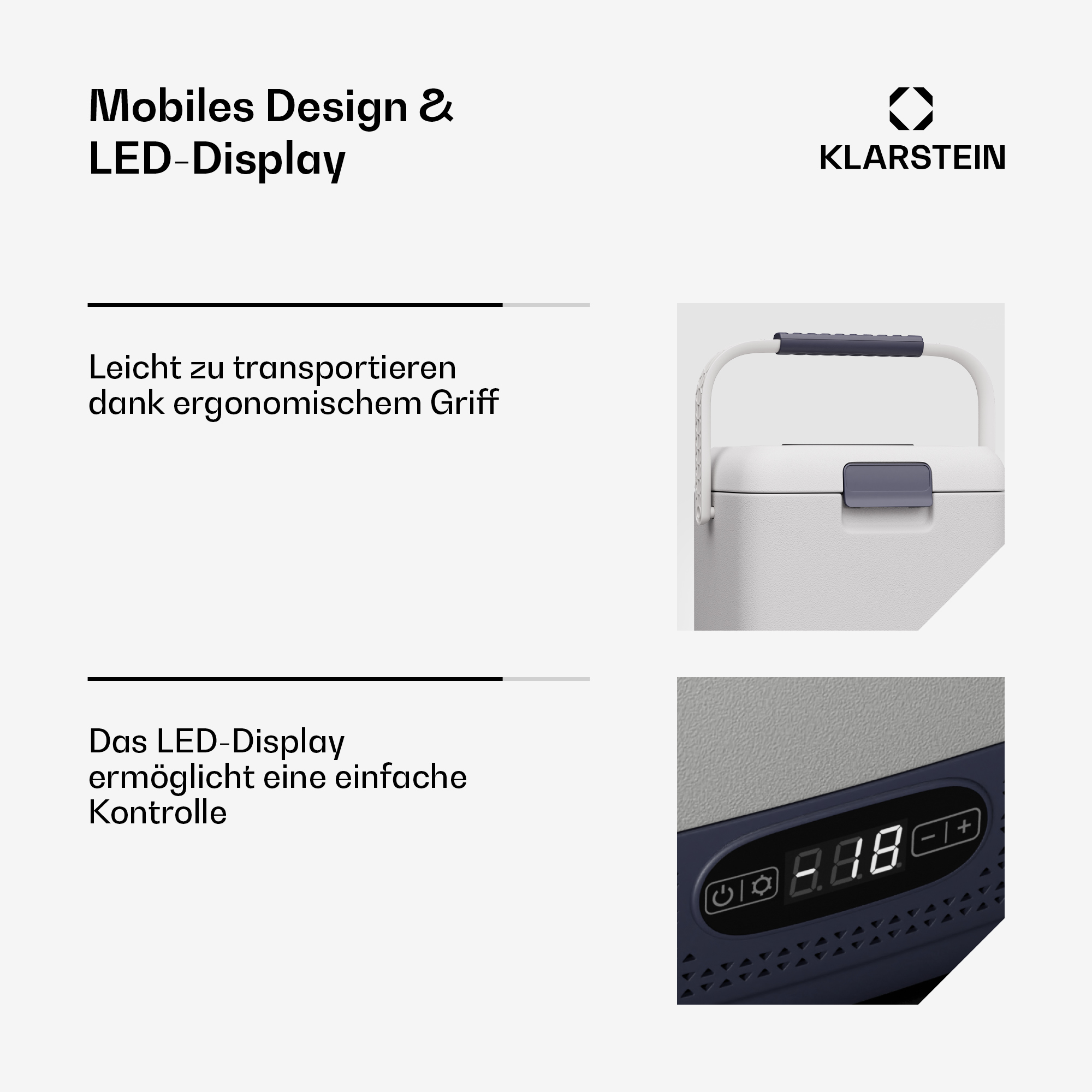 Frigorifero portatile bianco e grigio con maniglia e display digitale. Sfondo bianco.