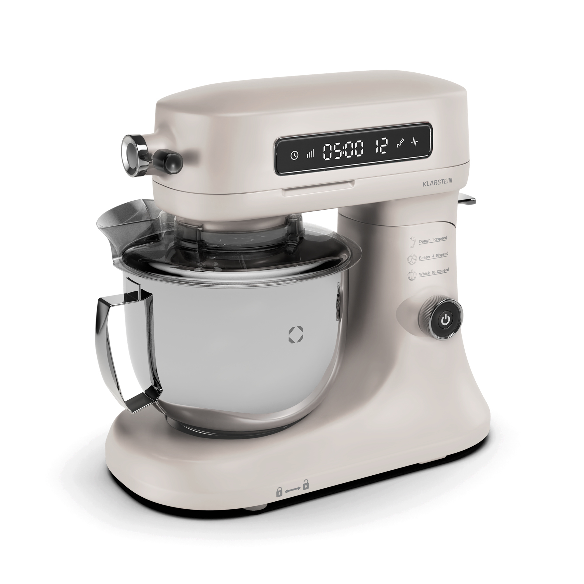 Cremefarbener Küchenmixer mit Edelstahlschüssel. Er hat ein Digitaldisplay und verschiedene Geschwindigkeitseinstellungen.