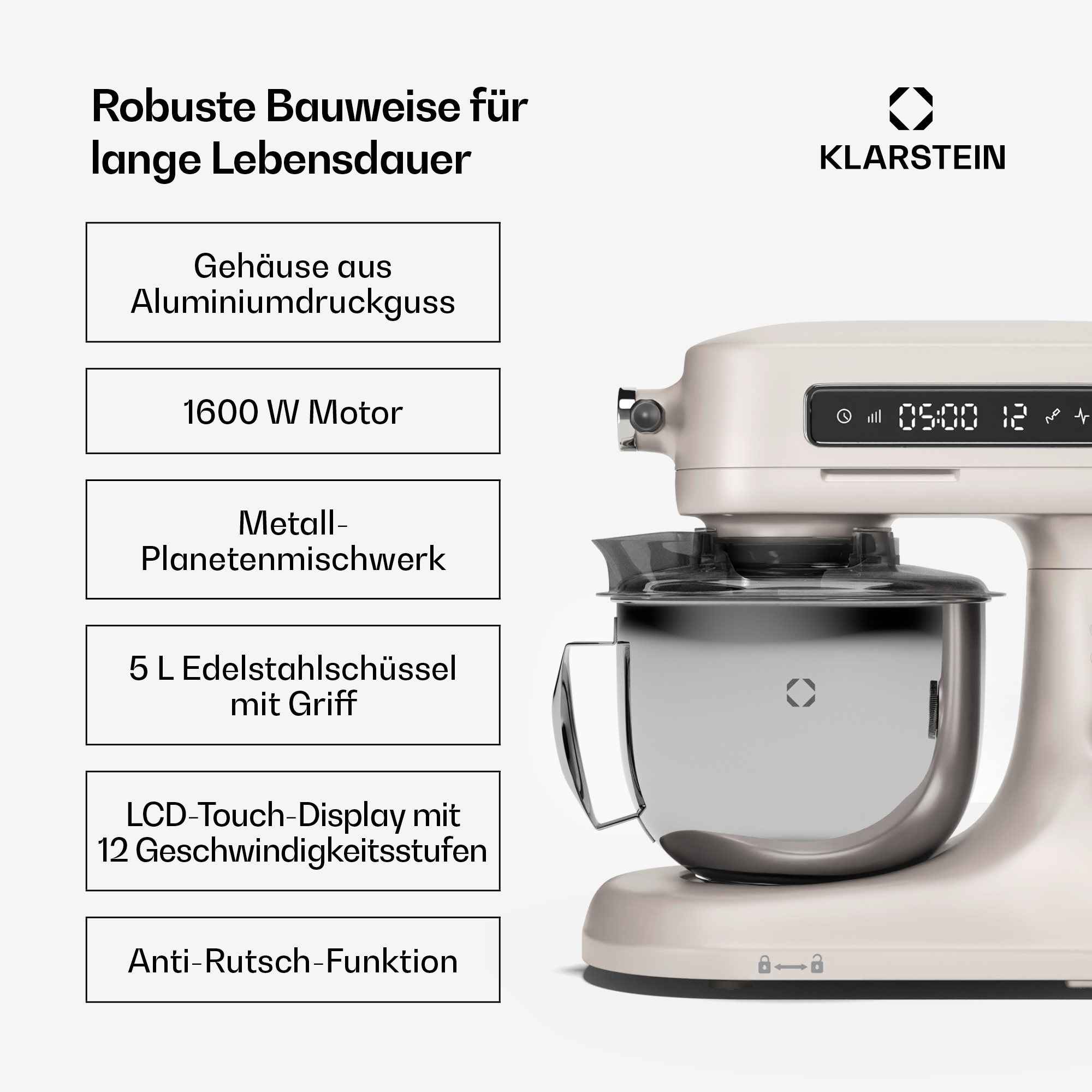 Ein weißer Küchenmixer mit silberner Schüssel und Touch-Display.