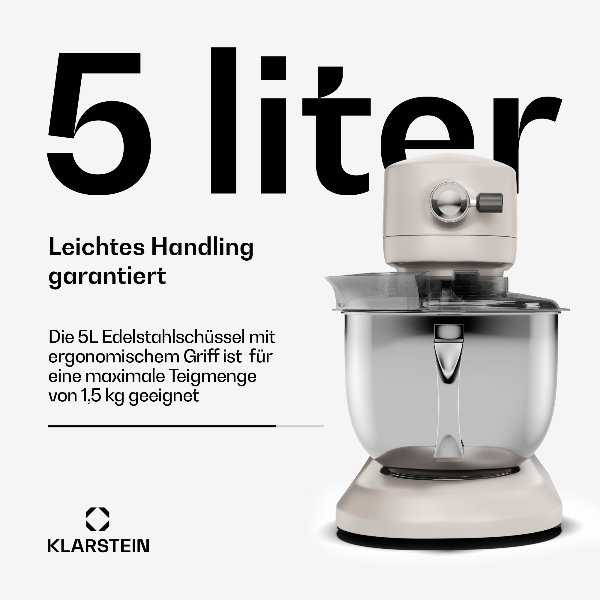 Cremefarbener Küchenmixer mit Rührschüssel und Griff. Der Text lautet 5 Liter.