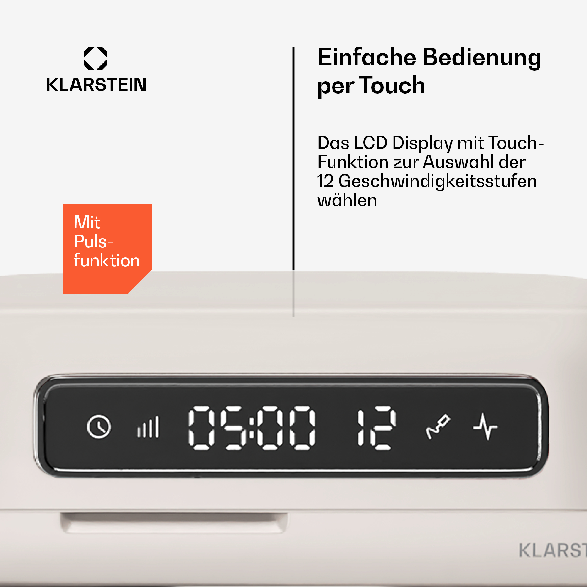 Weißer Digitaluhrbildschirm mit Zahlen und Symbolen. Text: Einfache Bedienung per Touch.
