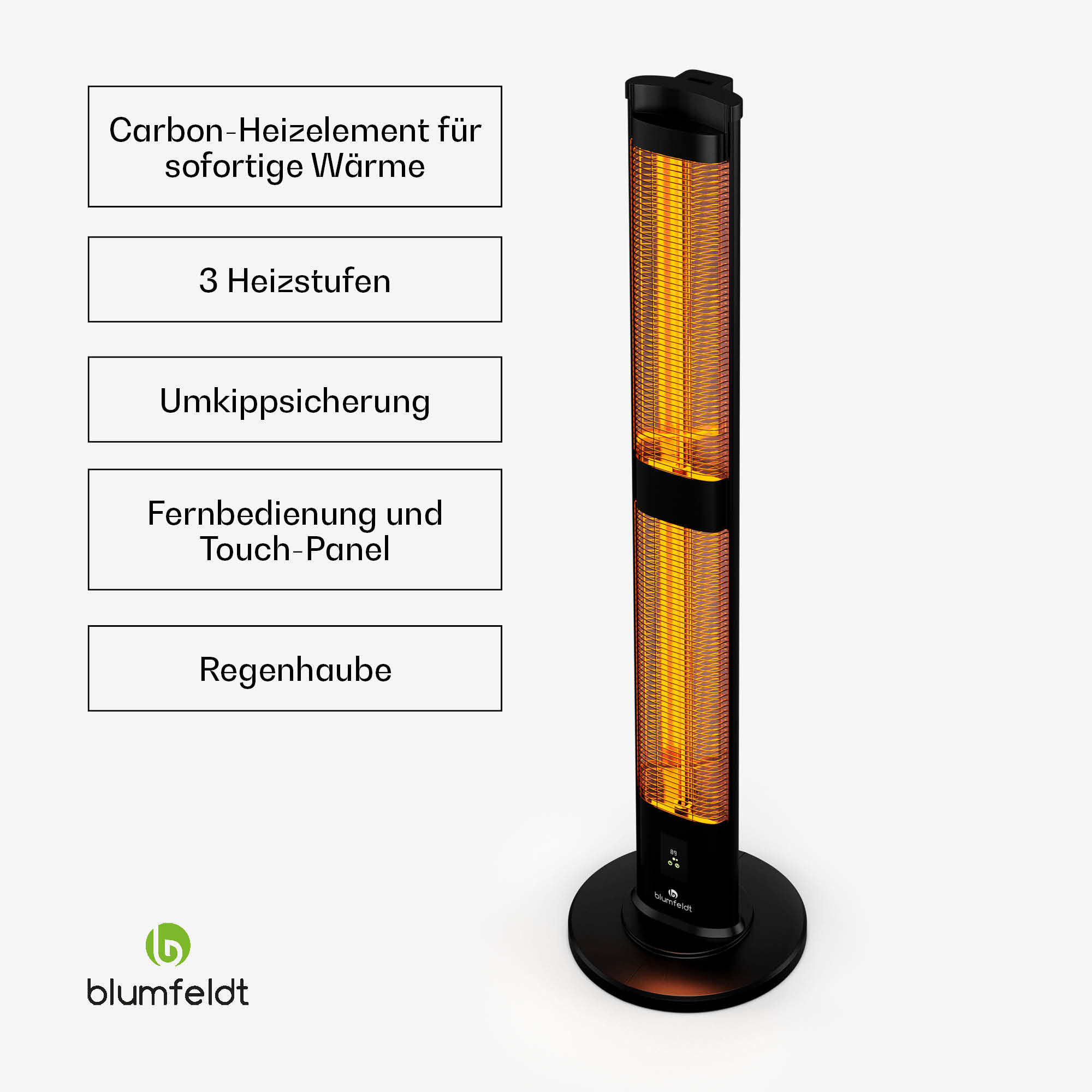 Ein schwarz-oranger Elektroheizer mit beschrifteten Funktionen.