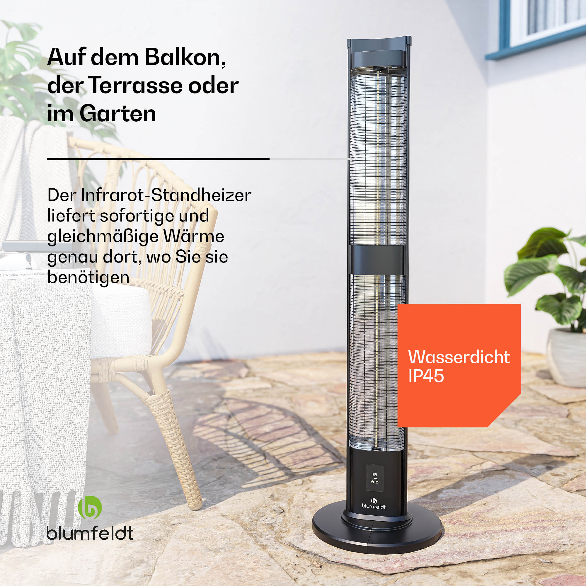 Infrarot-Heizung auf einer Terrasse. Text: Wasserdicht IP45.