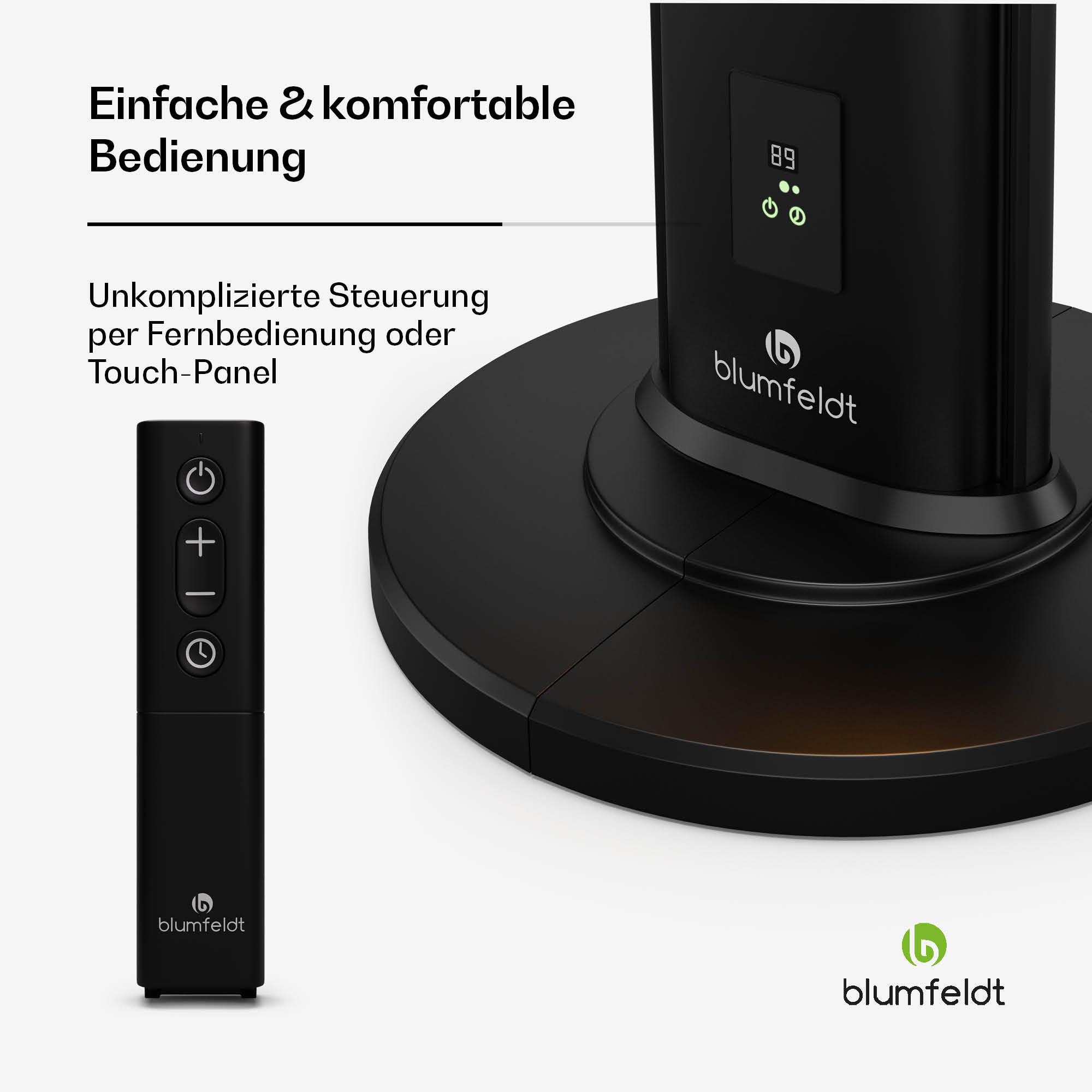 Schwarzer Ventilator mit Fernbedienung, mit schwarzem Sockel und Digitalanzeige.
