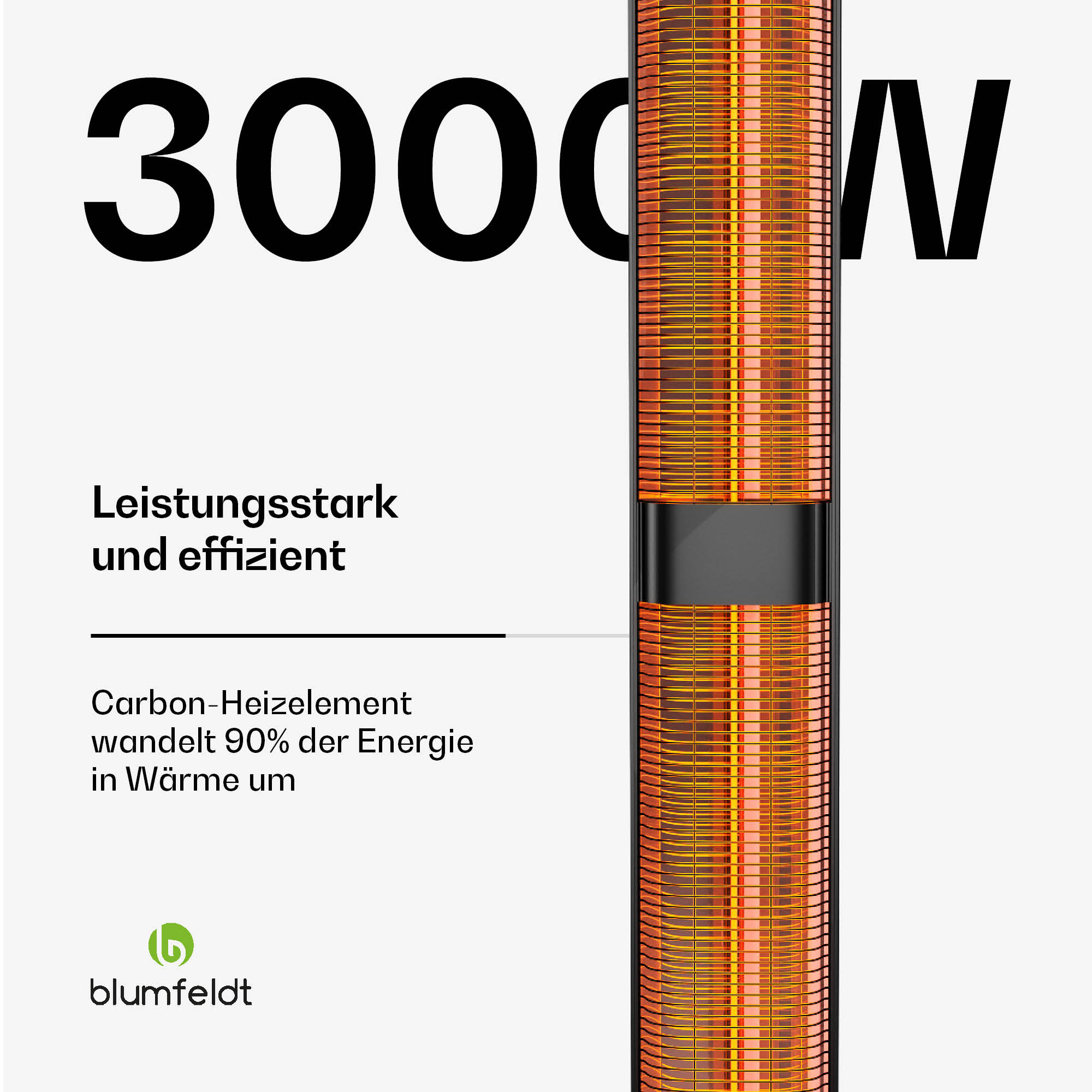 Nahaufnahme eines Heizelements. Text besagt, dass 90% der Energie in Wärme umgewandelt werden.