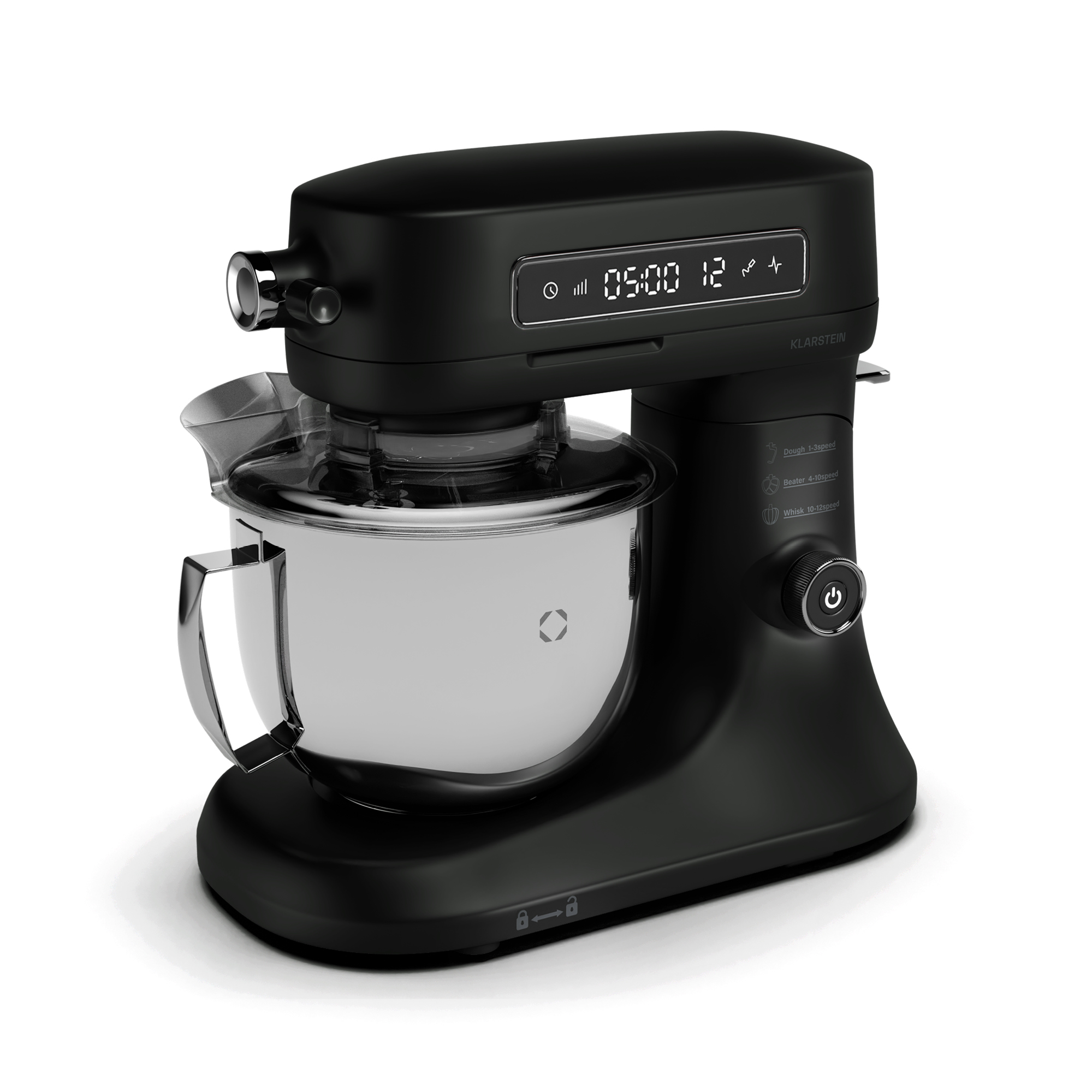 Ein schwarzer Küchenmixer mit silberner Schüssel und digitaler Anzeige, auf weißem Hintergrund.