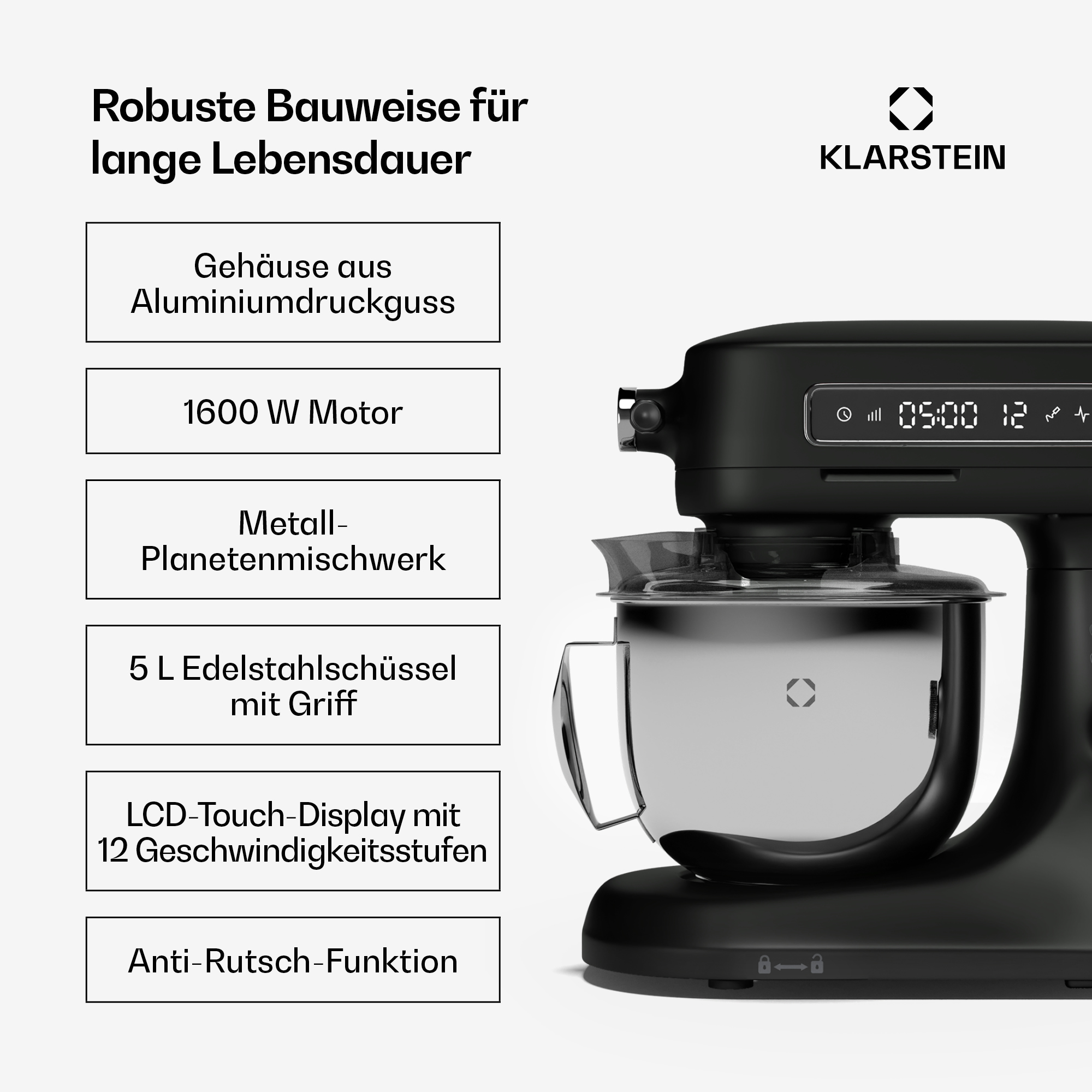 Schwarzer Standmixer mit Stahlschüssel und Display mit Uhrzeit. Text beschreibt Merkmale.