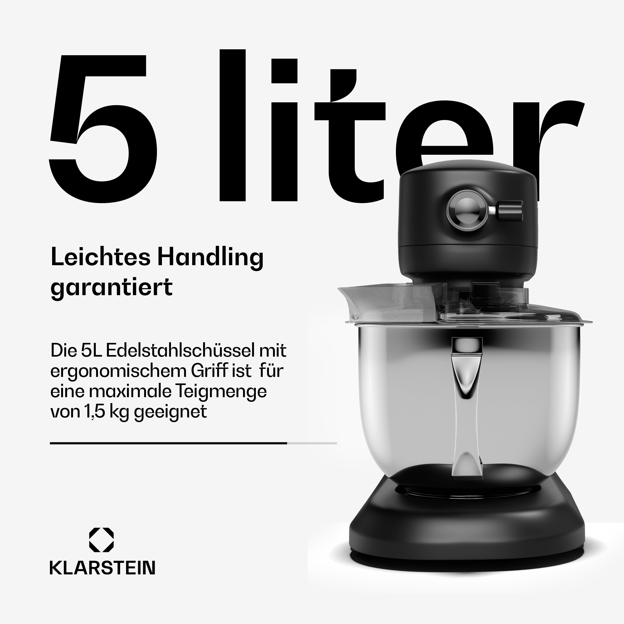 Schwarzer Küchenmixer mit 5 Liter Fassungsvermögen. Text zu Produktmerkmalen und Markenlogo auf weißem Hintergrund.