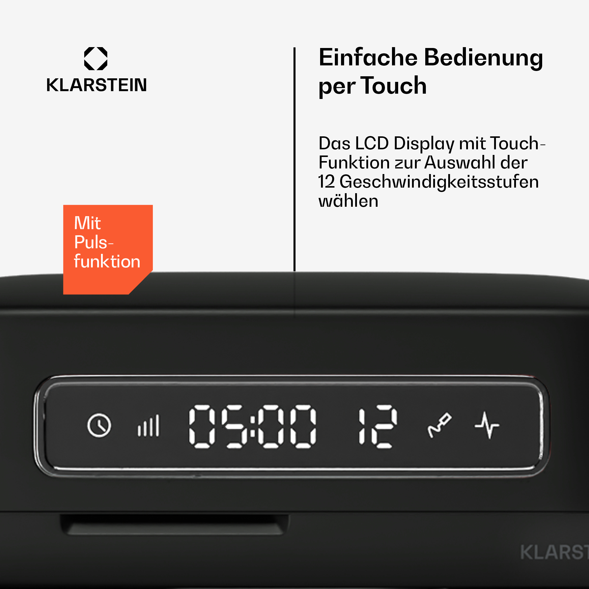 Schwarzes Gerät mit Digitalanzeige, die Zeit und Datum anzeigt. Touch-Steuerung.