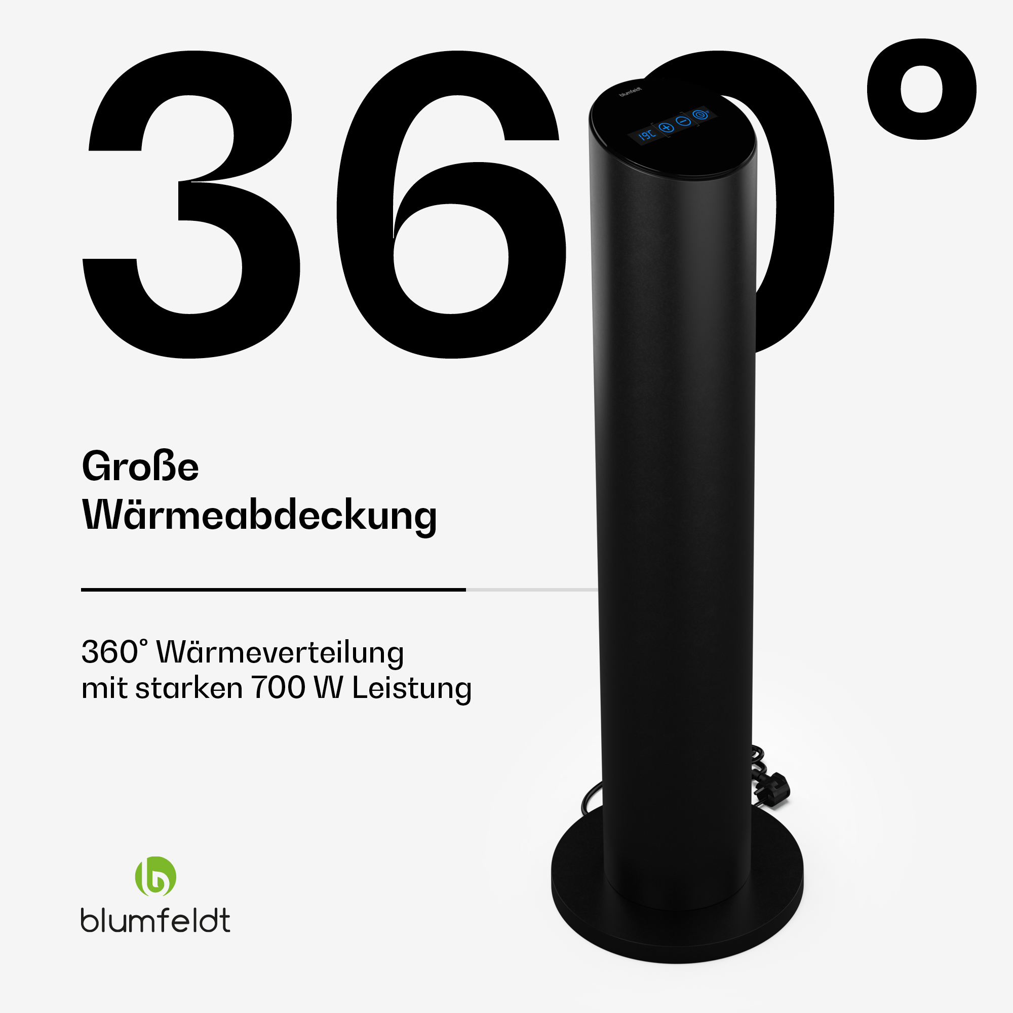 Termoventilatore cilindrico nero con dimensioni. Sfondo bianco. Testo in tedesco.