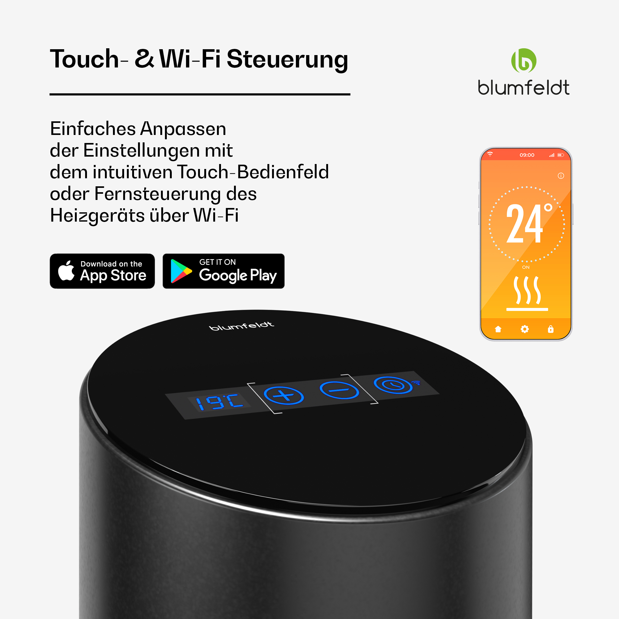 Termoventilatore cilindrico nero con display digitale 19C. Testo 'Touch & Wi-Fi' e immagine app.