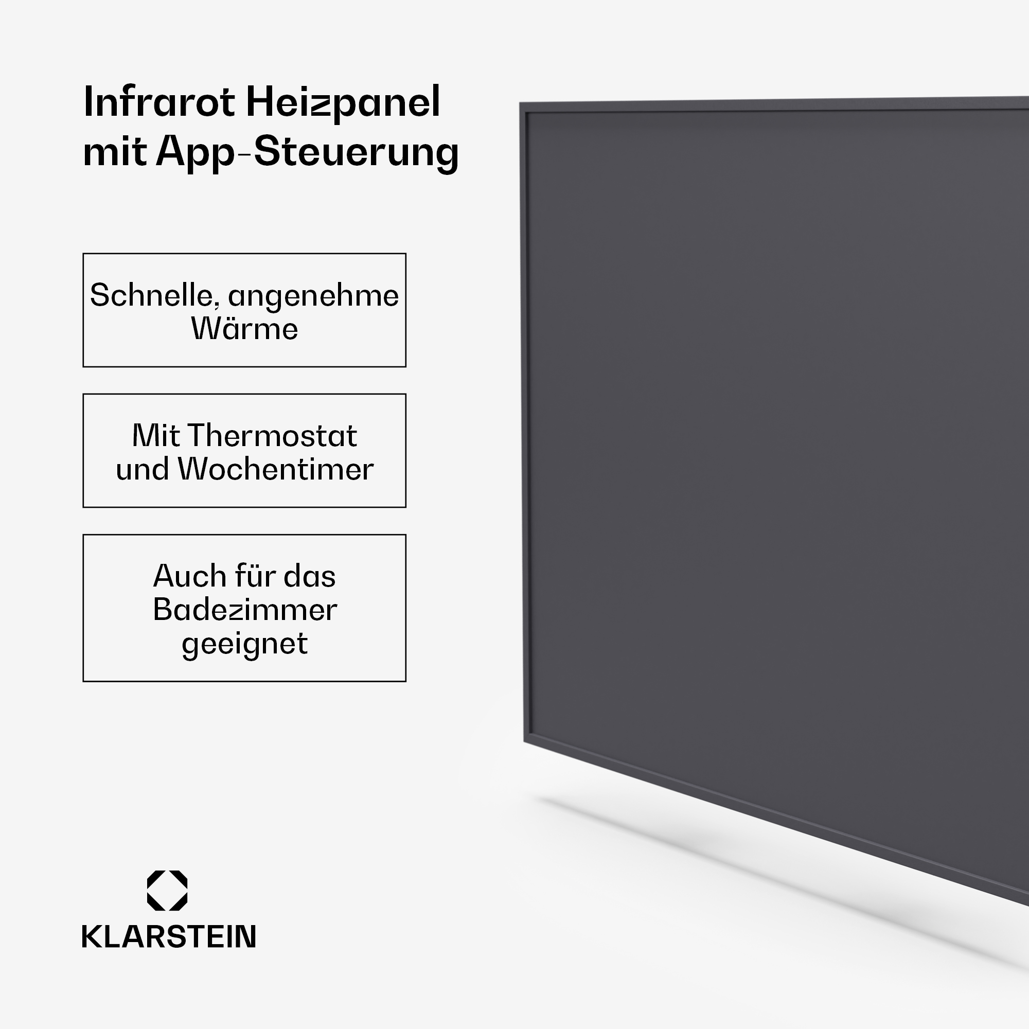 Ein dunkelgraues Infrarot-Heizpaneel mit App-Steuerung. Es gibt drei weiße Textfelder.