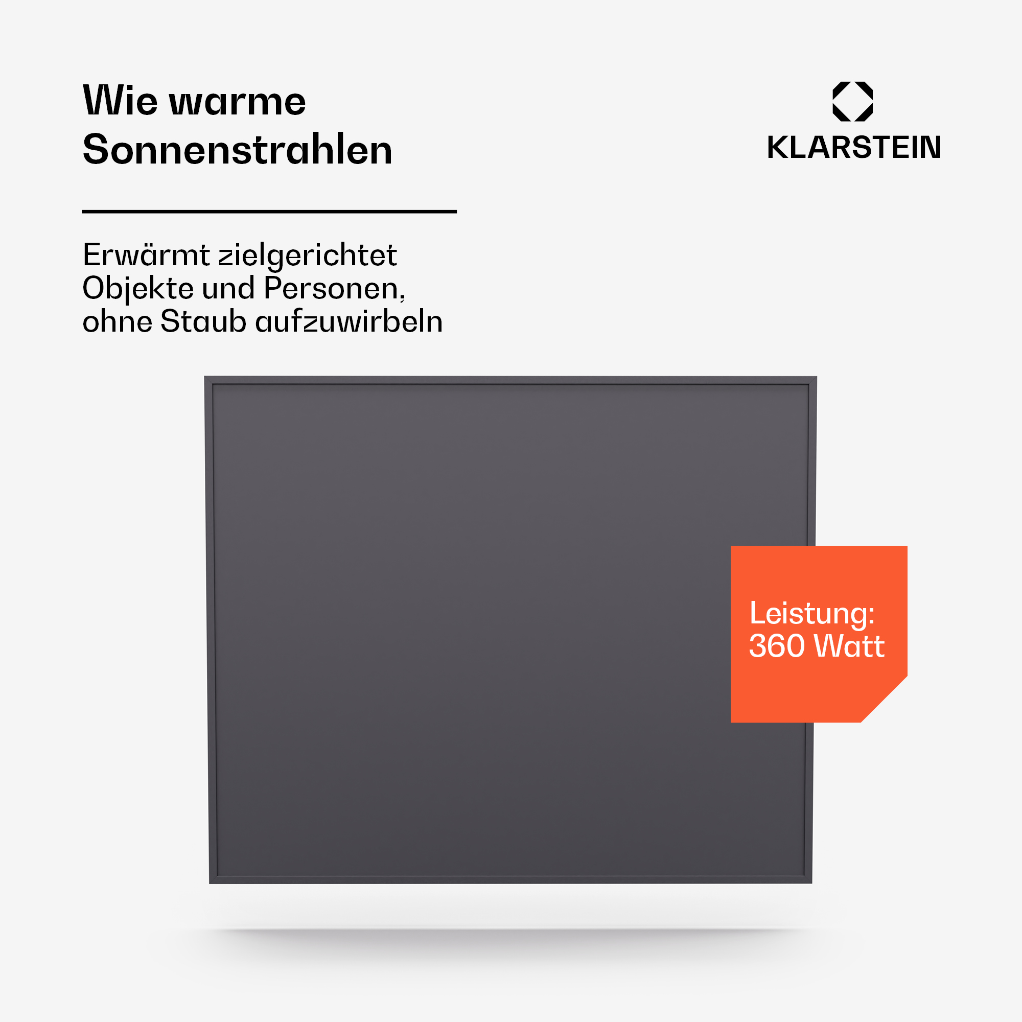 Ein schwarzer quadratischer Heizkörper mit Text und ein kleineres orangefarbenes Quadrat mit '360 Watt'.