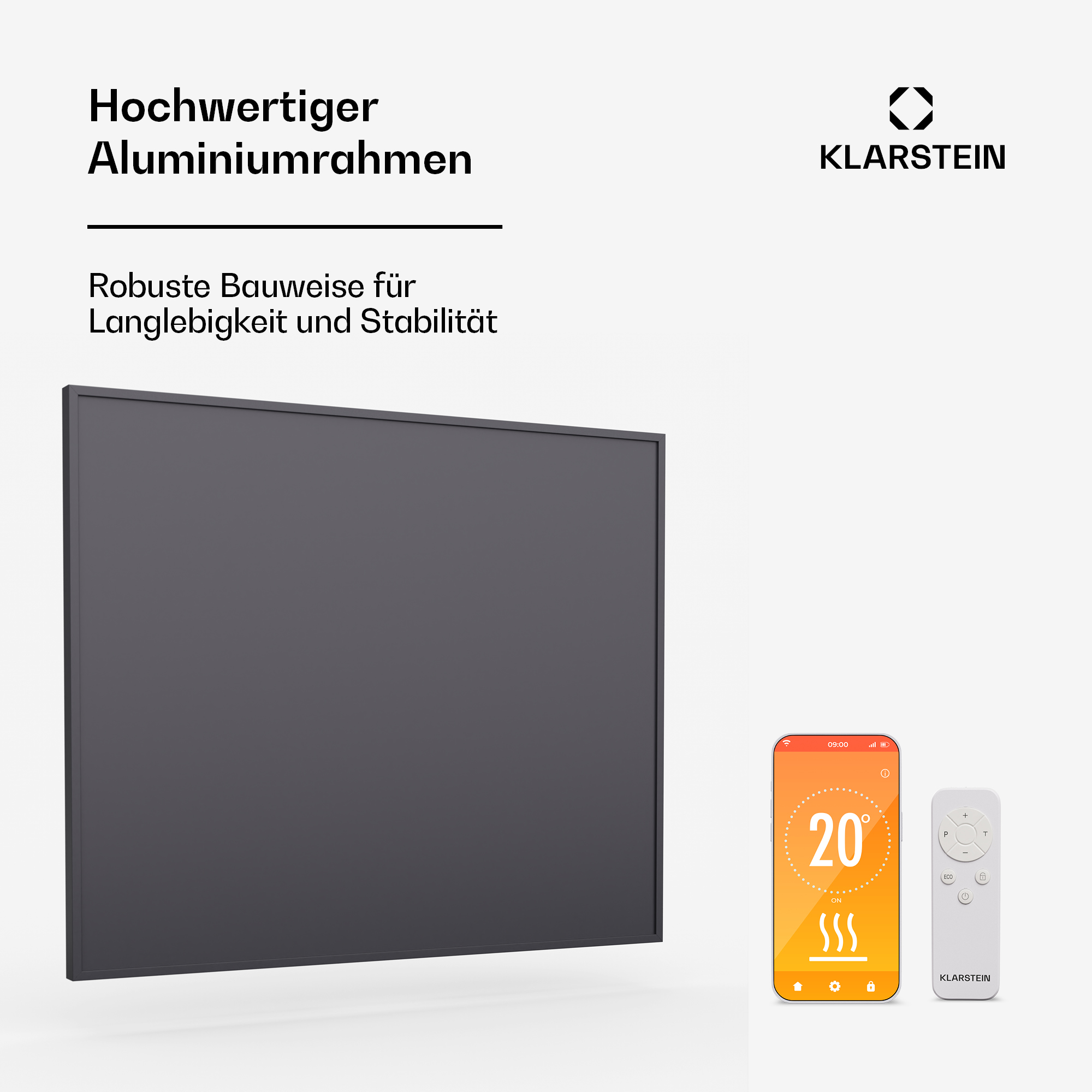 Eine schwarze Heizung mit einer weißen Fernbedienung und einem Telefon, das Temperatureinstellungen zeigt.