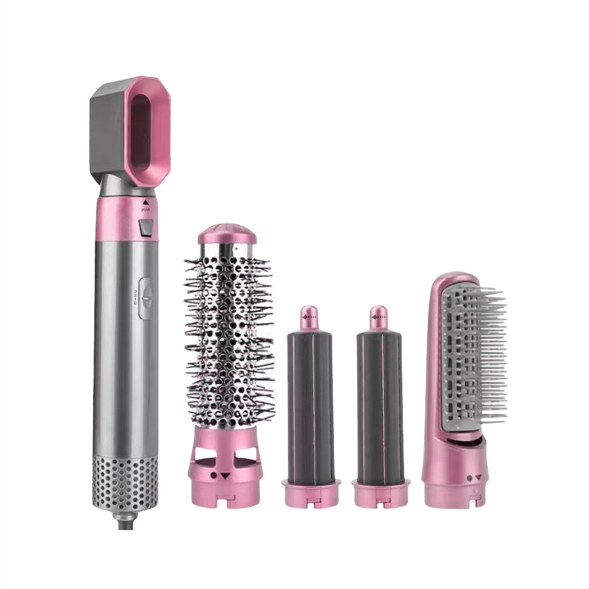 Ein rosa-silberner Haarstyler mit mehreren Aufsätzen.