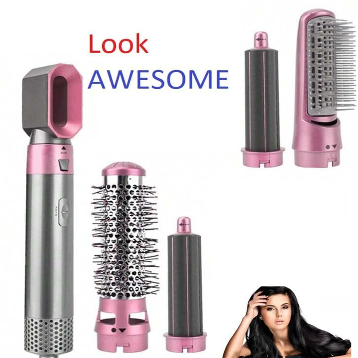 Frisierwerkzeuge auf weißem Hintergrund. Eine Frau unten rechts. Der Text lautet "Look AWESOME".