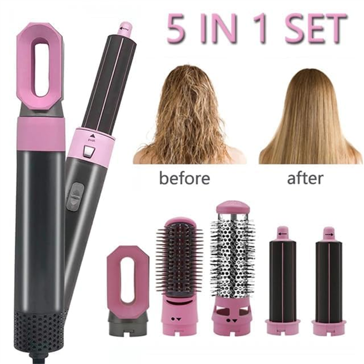 5-in-1-Haarstyler mit Aufsätzen, Vorher-/Nachher-Haarbilder.