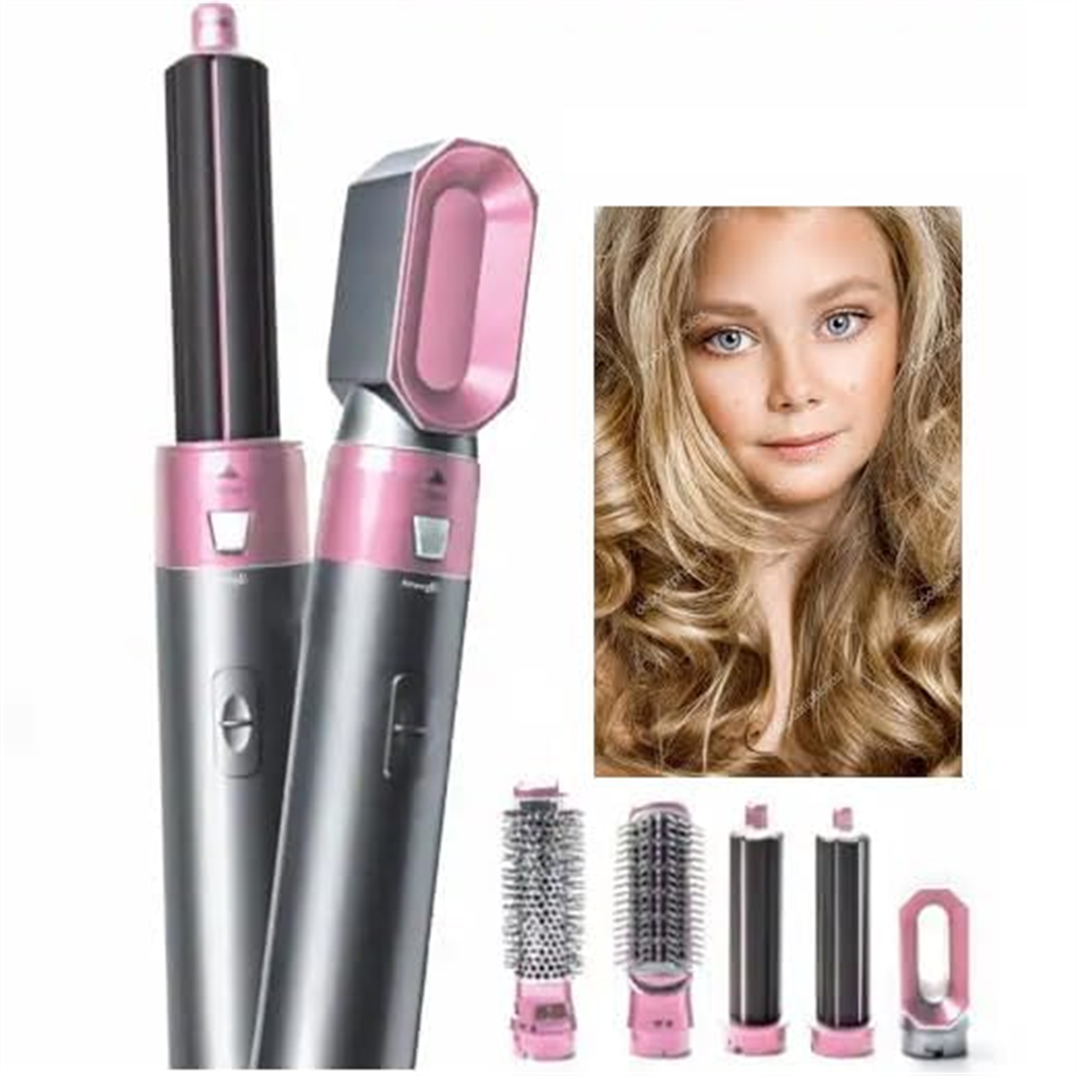 Haarstyling-Werkzeuge und ein Foto einer Frau mit welligem, blondem Haar. Werkzeuge sind silber und rosa.