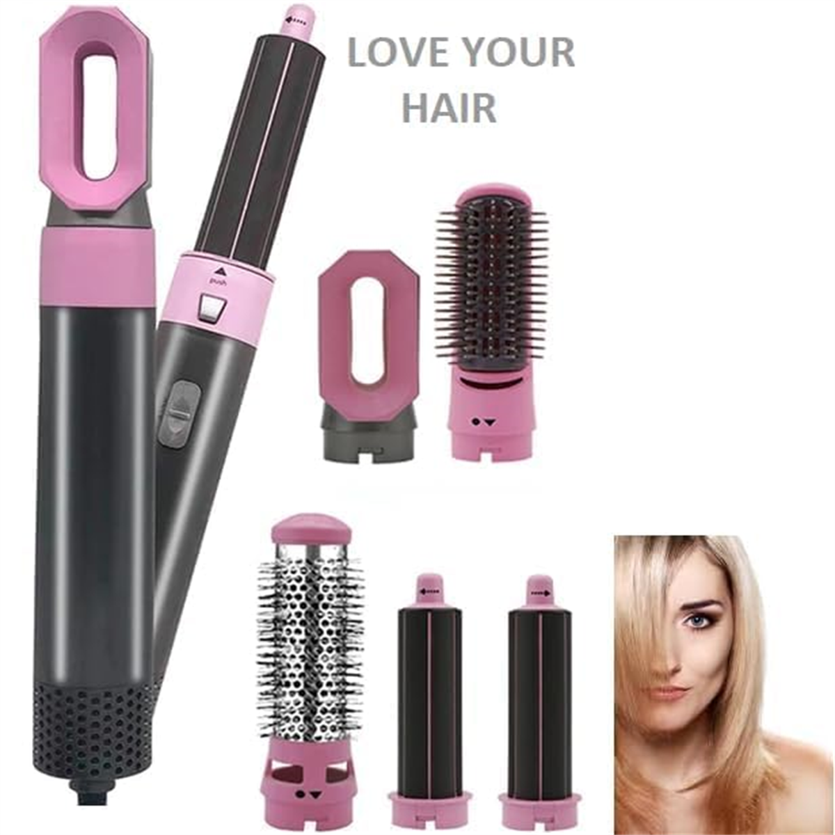 Ein Haarstyling-Set mit verschiedenen Aufsätzen und dem Gesicht einer Frau daneben.