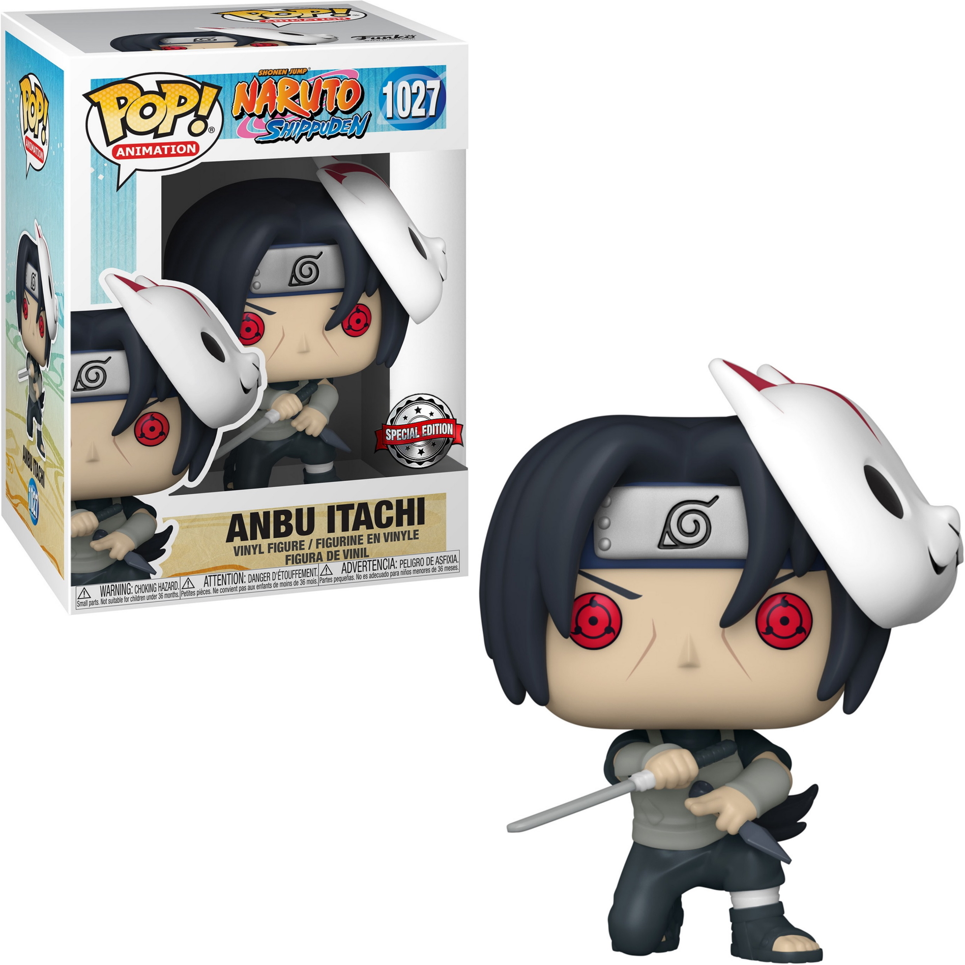 Figura Funko Pop di Anbu Itachi da Naruto, con maschera e spada, sfondo bianco.