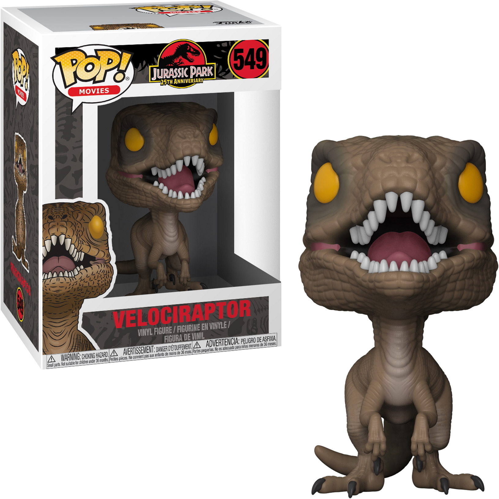 Una figura Funko Pop di Velociraptor in una scatola di Jurassic Park, con la figura fuori dalla scatola.
