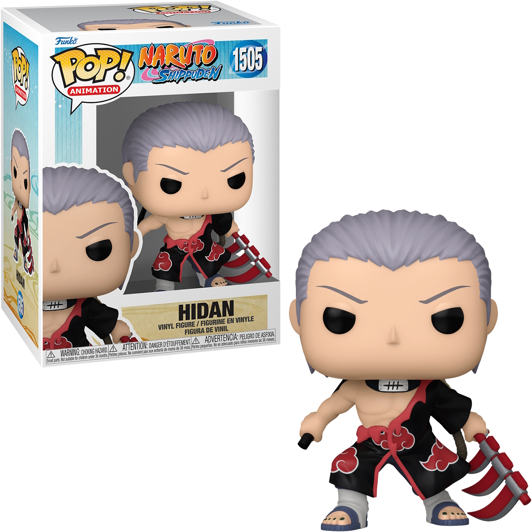 Una figura di Hidan Funko Pop! nella sua scatola. La figura è di un personaggio anime.