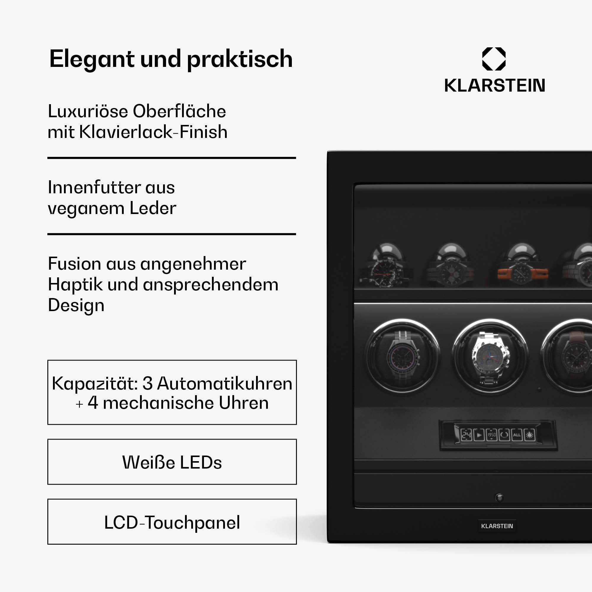 Ein schwarzes, zylindrisches Gerät mit einem Bildschirm, mit Text über Qualität und dem Markenlogo.