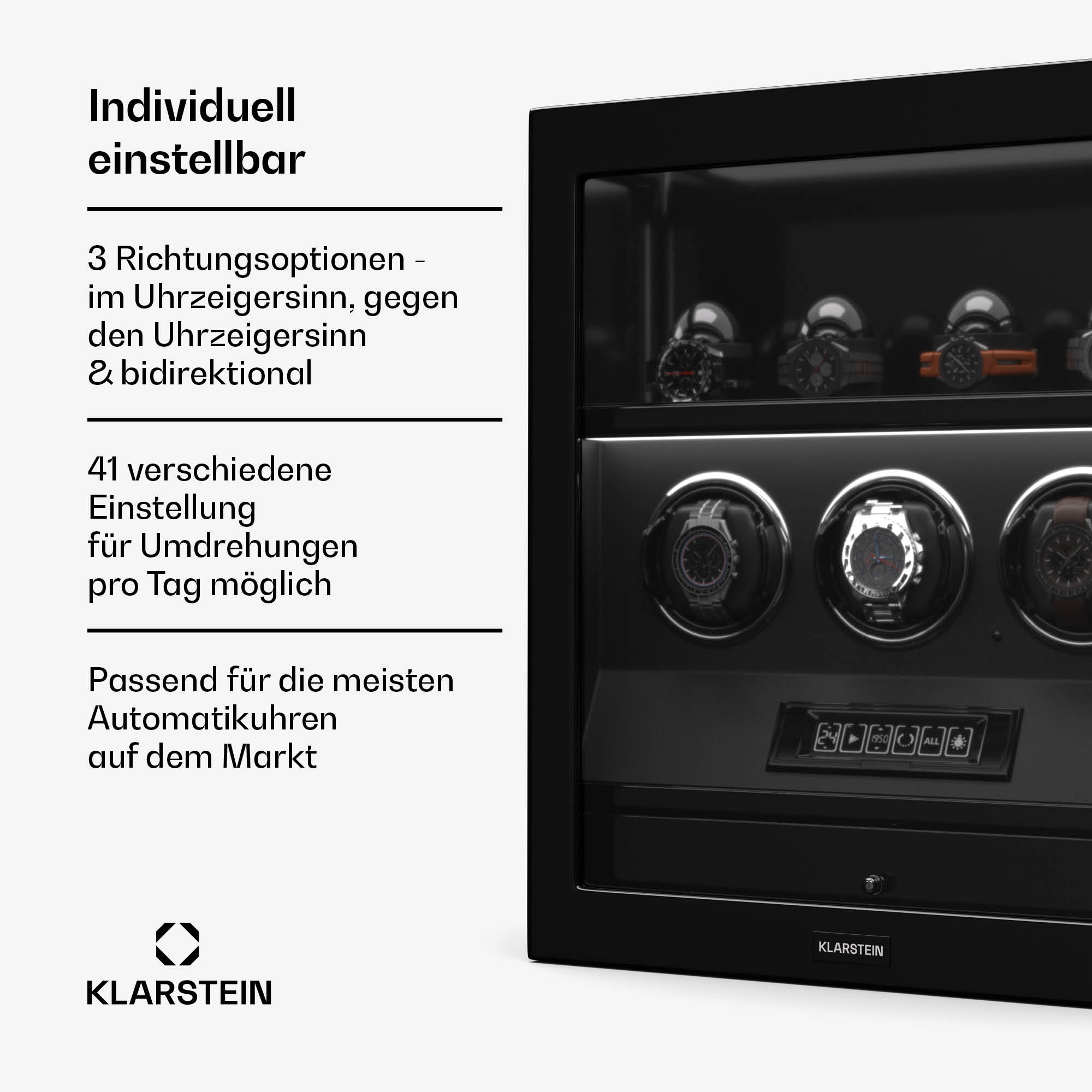 Ein schwarzer Uhrenbeweger mit Text und Uhren, der Einstellungen und Funktionen zeigt.