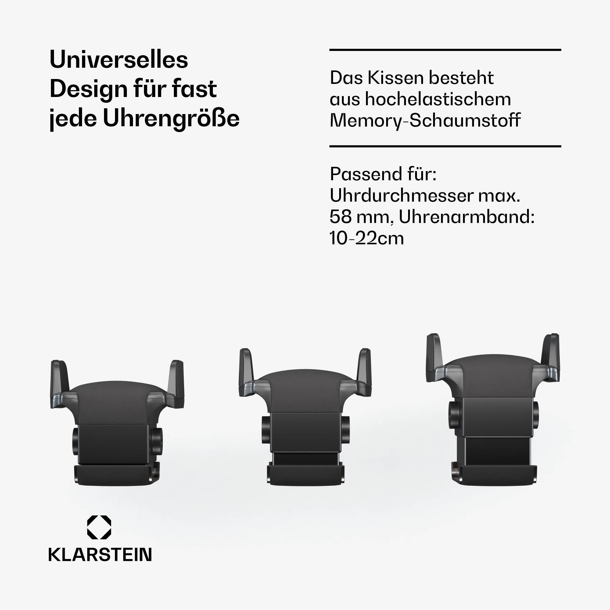 Drei schwarze Uhrenarmbänder. Text: Universelles Design für fast jede Uhrengröße. Für 58 mm Durchmesser.