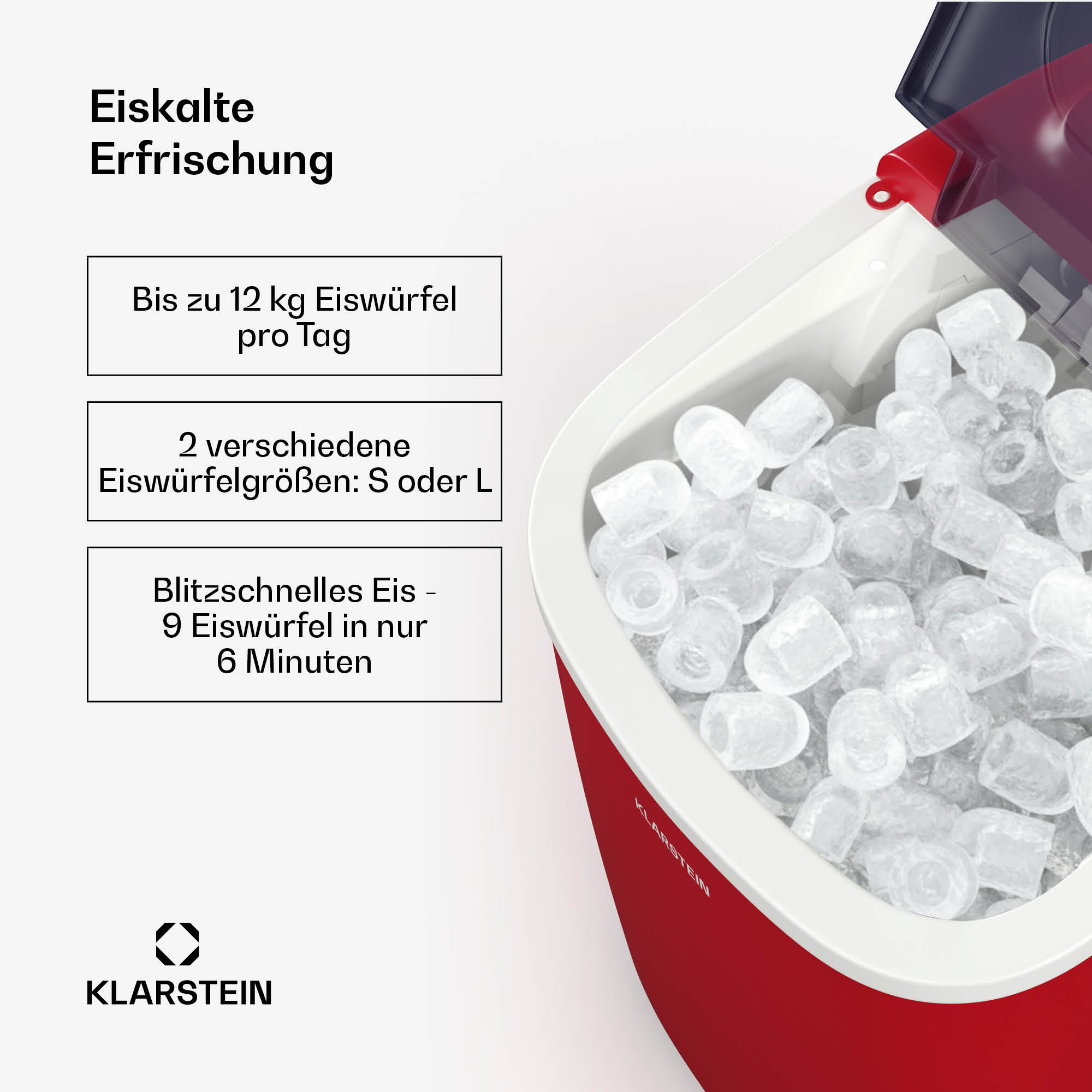 Roter Eisbereiter mit Eiswürfeln. Text sagt: bis zu 12 kg Eiswürfel pro Tag, 2 Größen und Eis in 6 Minuten.