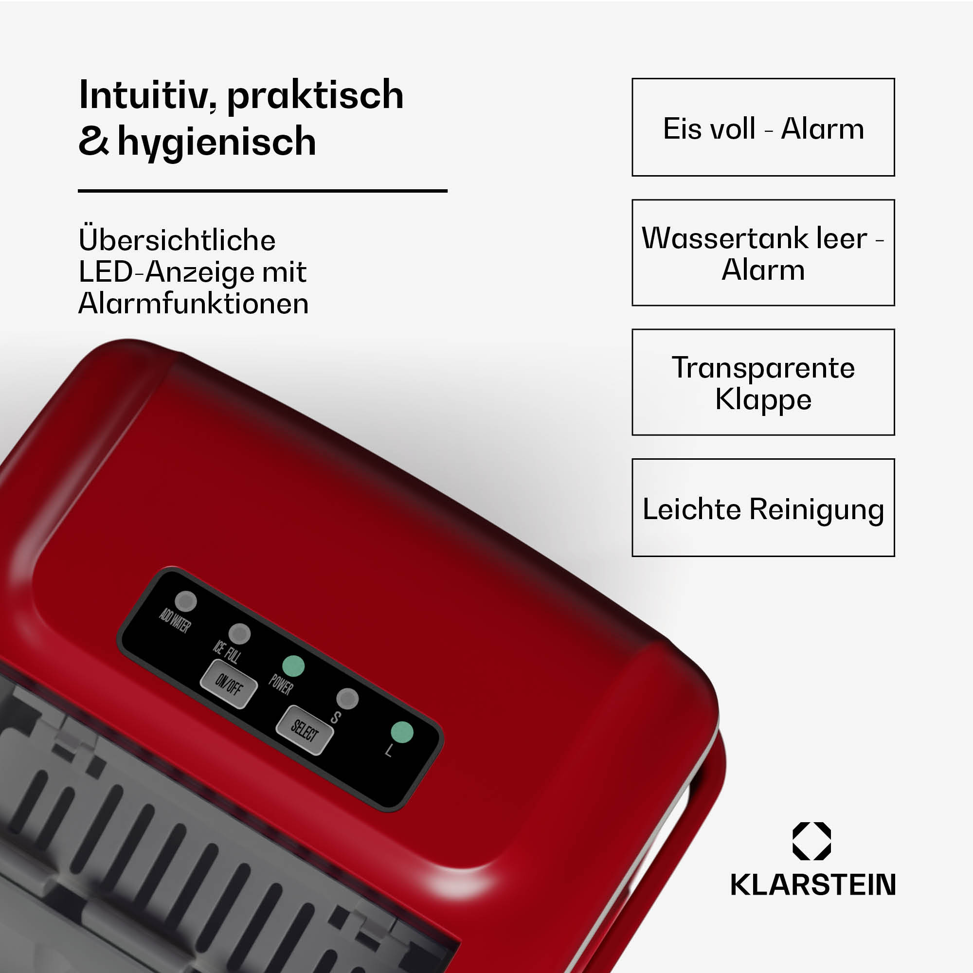 Roter Eisbereiter mit Bedienfeld und Textbeschriftungen. Das Panel hat Anzeigen für Strom, Eis und Wasser.