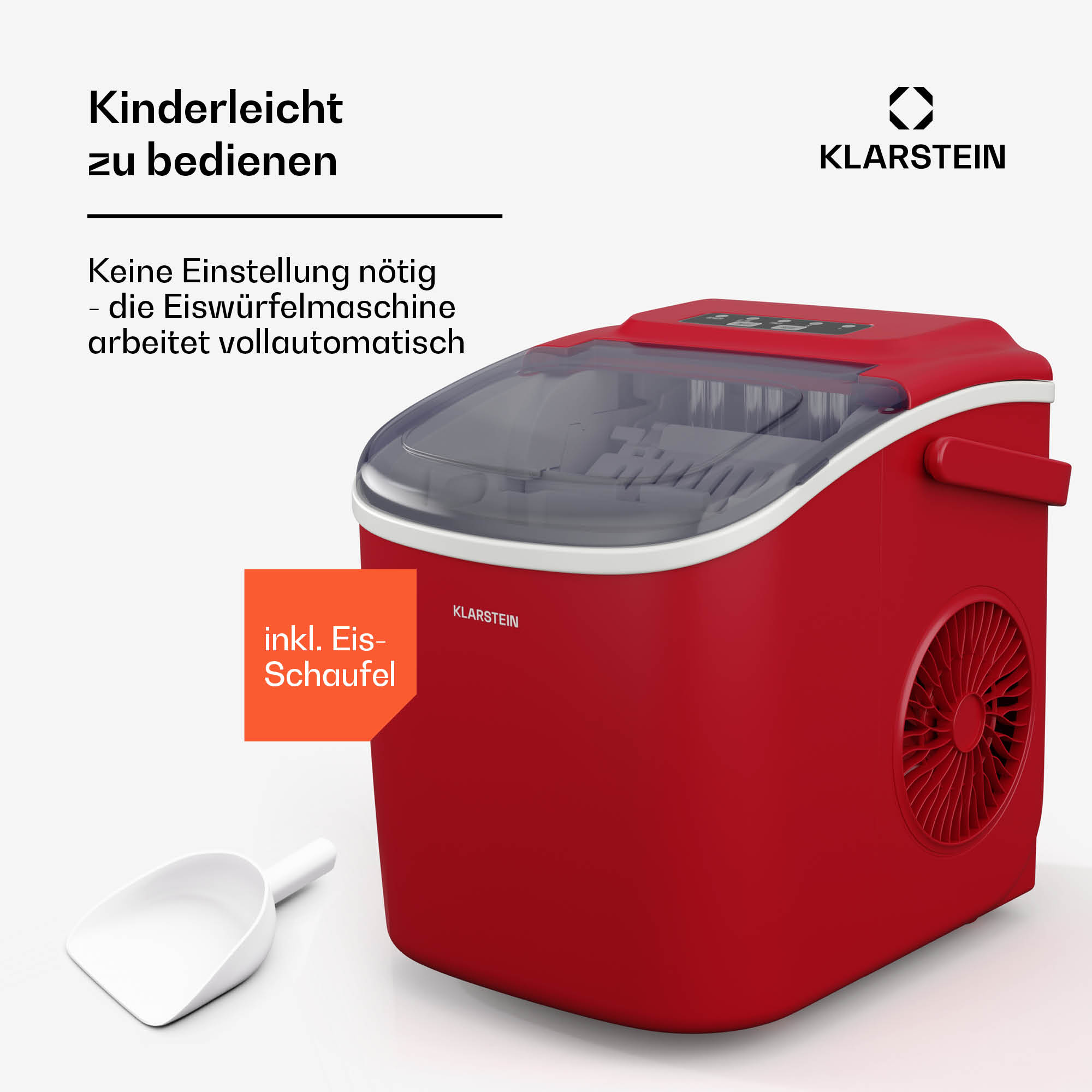 Roter Eiswürfelbereiter mit weißem Eisschöpfer. Text besagt, dass es einfach zu bedienen ist.