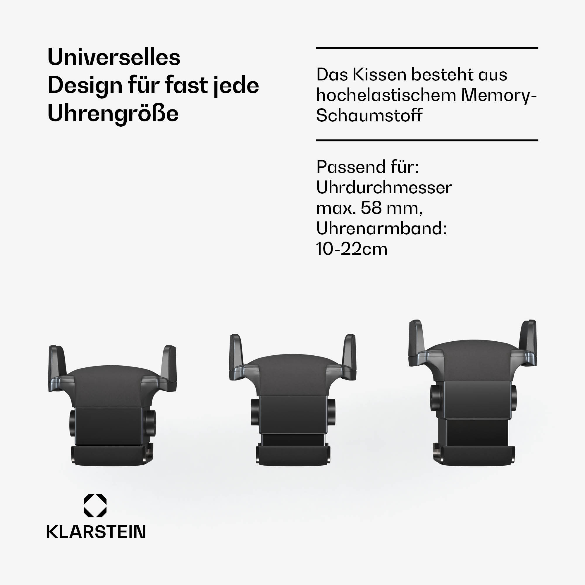 Drei schwarze Uhrenhalter mit Text. Weißer Hintergrund.