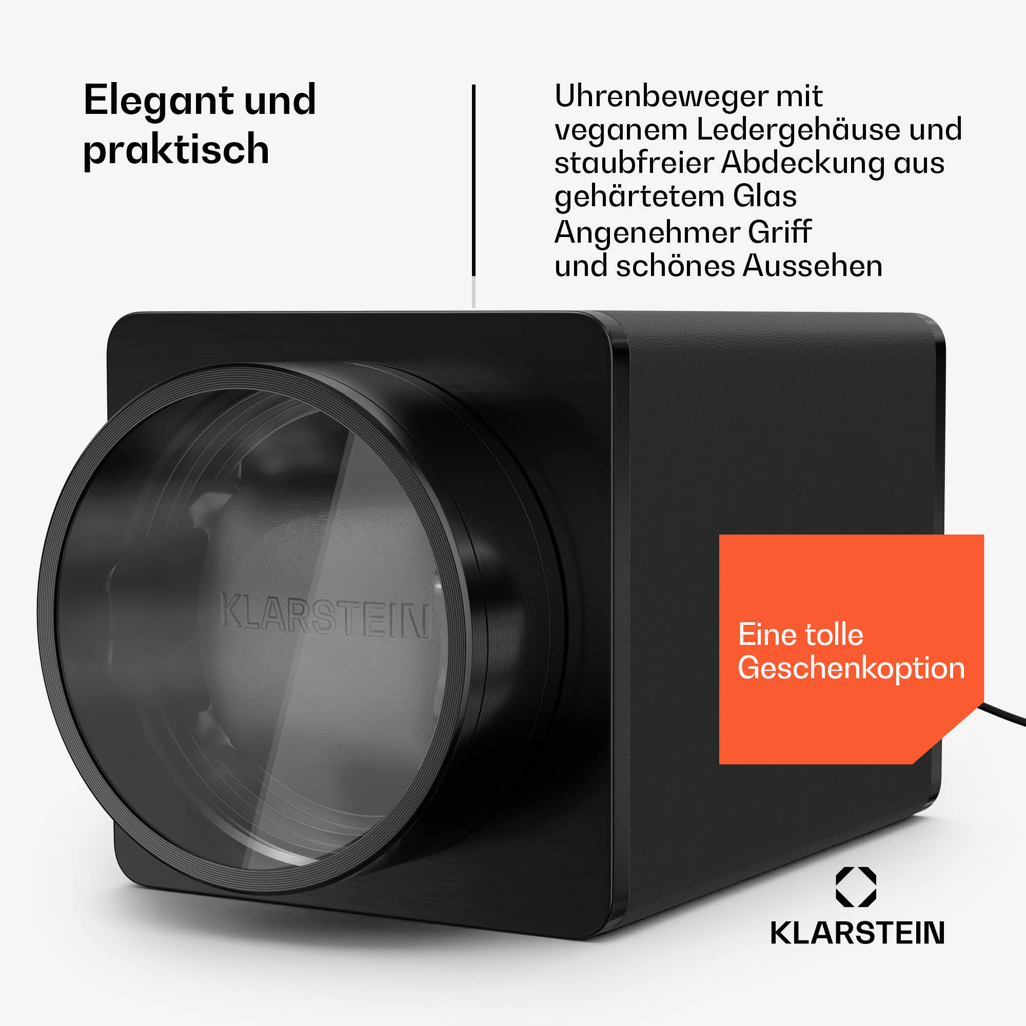 Schwarzer Uhrenbeweger mit transparenter Front und Produktinformationen im Hintergrund.