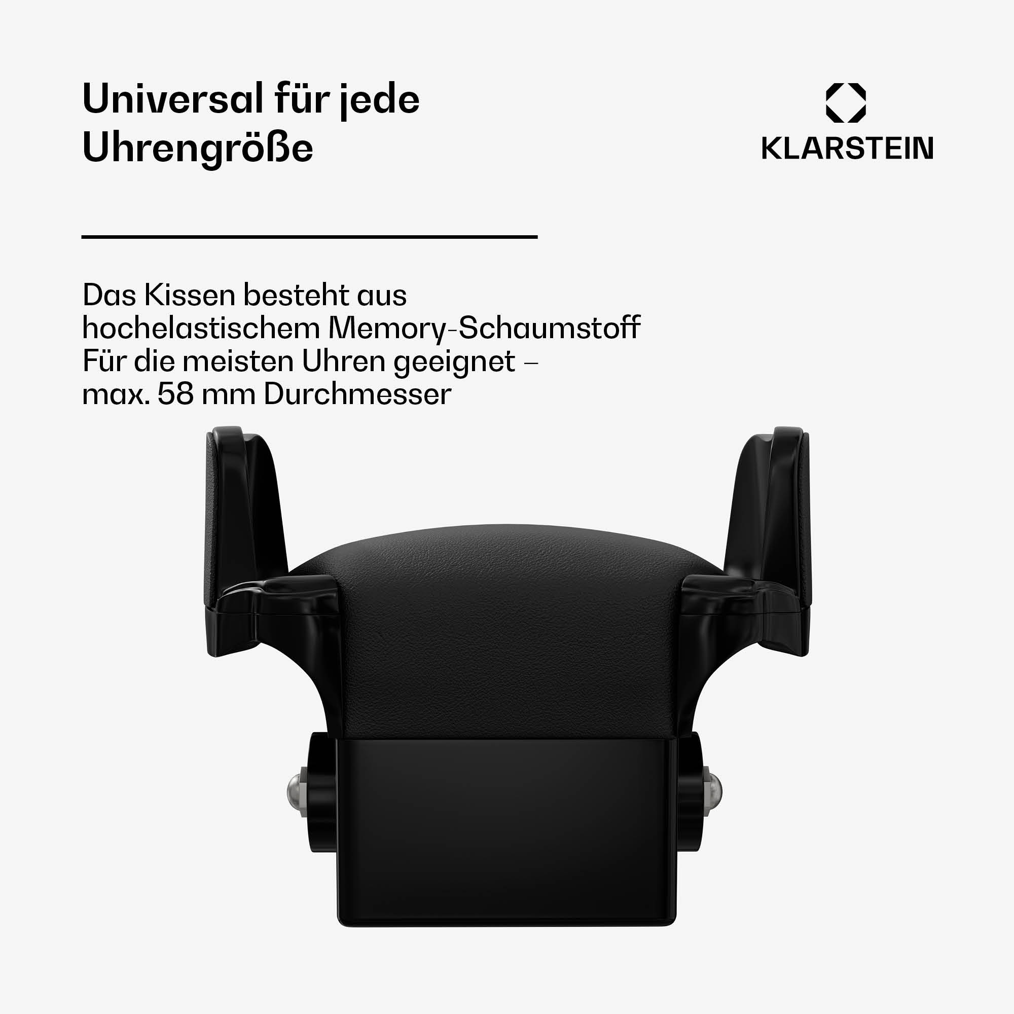 Ein schwarzer Uhrenhalter. Text: Universal für alle Uhrengrößen. Es besteht aus Memory-Schaum.