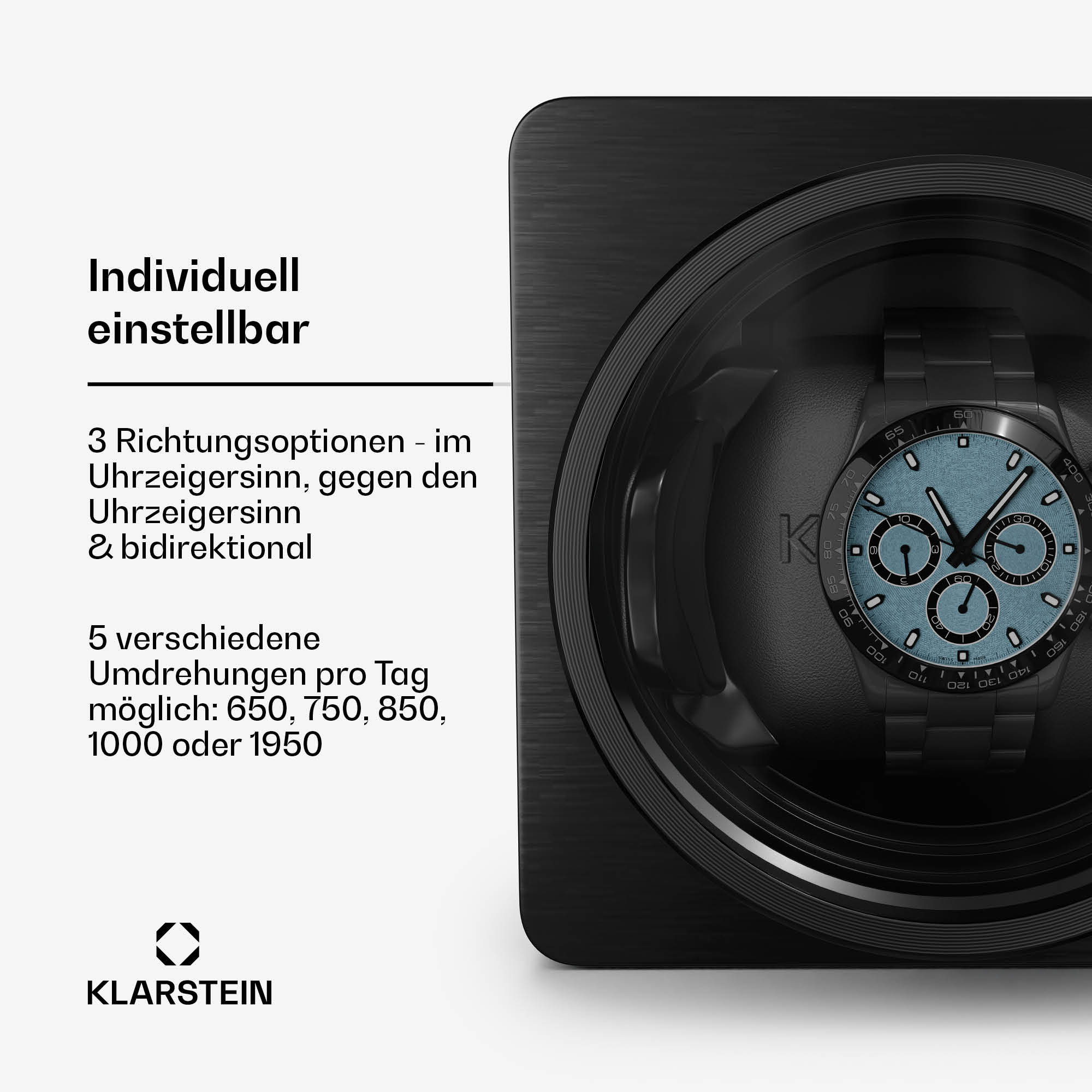 Schwarzer Uhrenbeweger mit einer Uhr mit blauem Zifferblatt. Text auf der linken Seite beschreibt Funktionen.