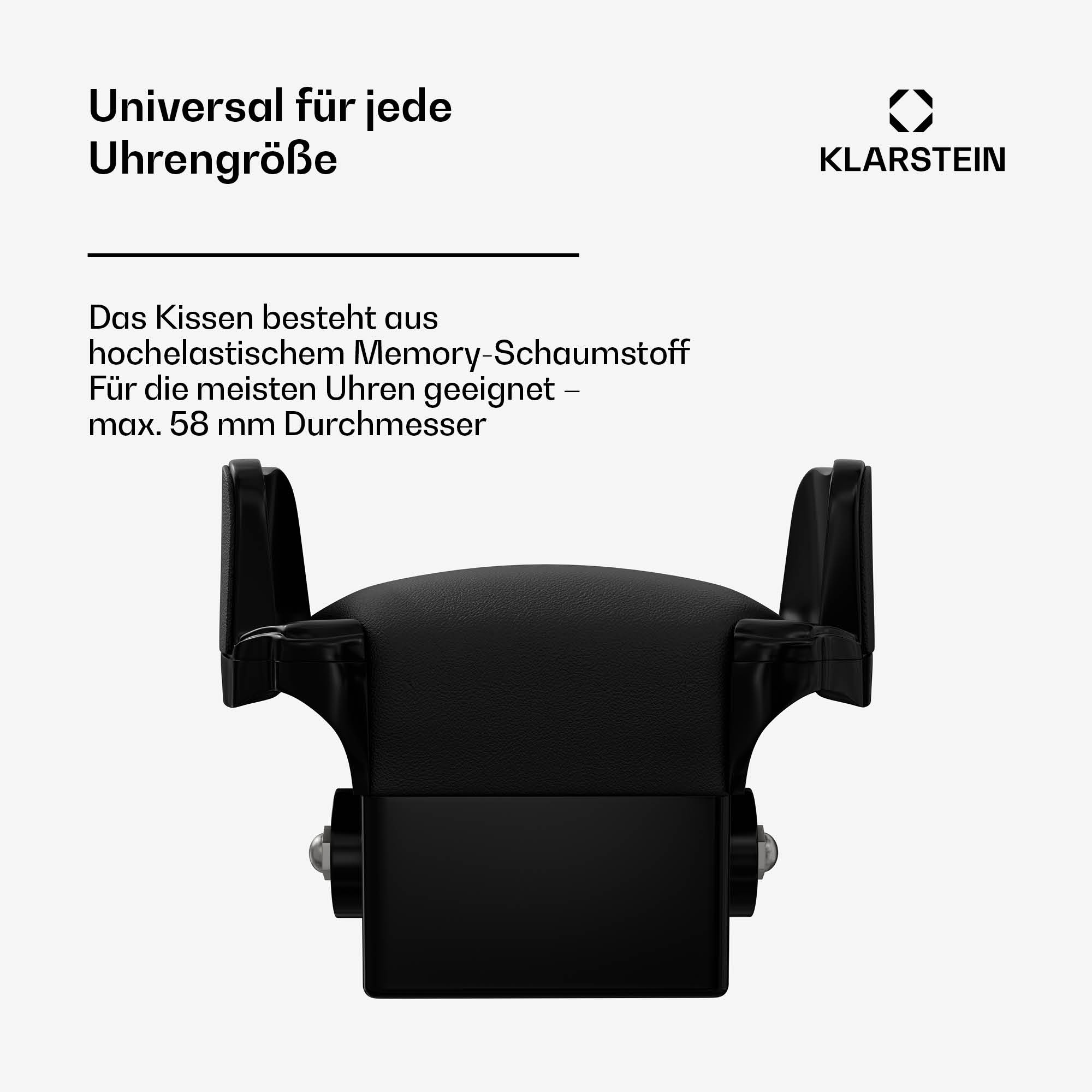 Ein schwarzer Uhrenhalter mit deutschem Text, der für alle Uhrgrößen wirbt.