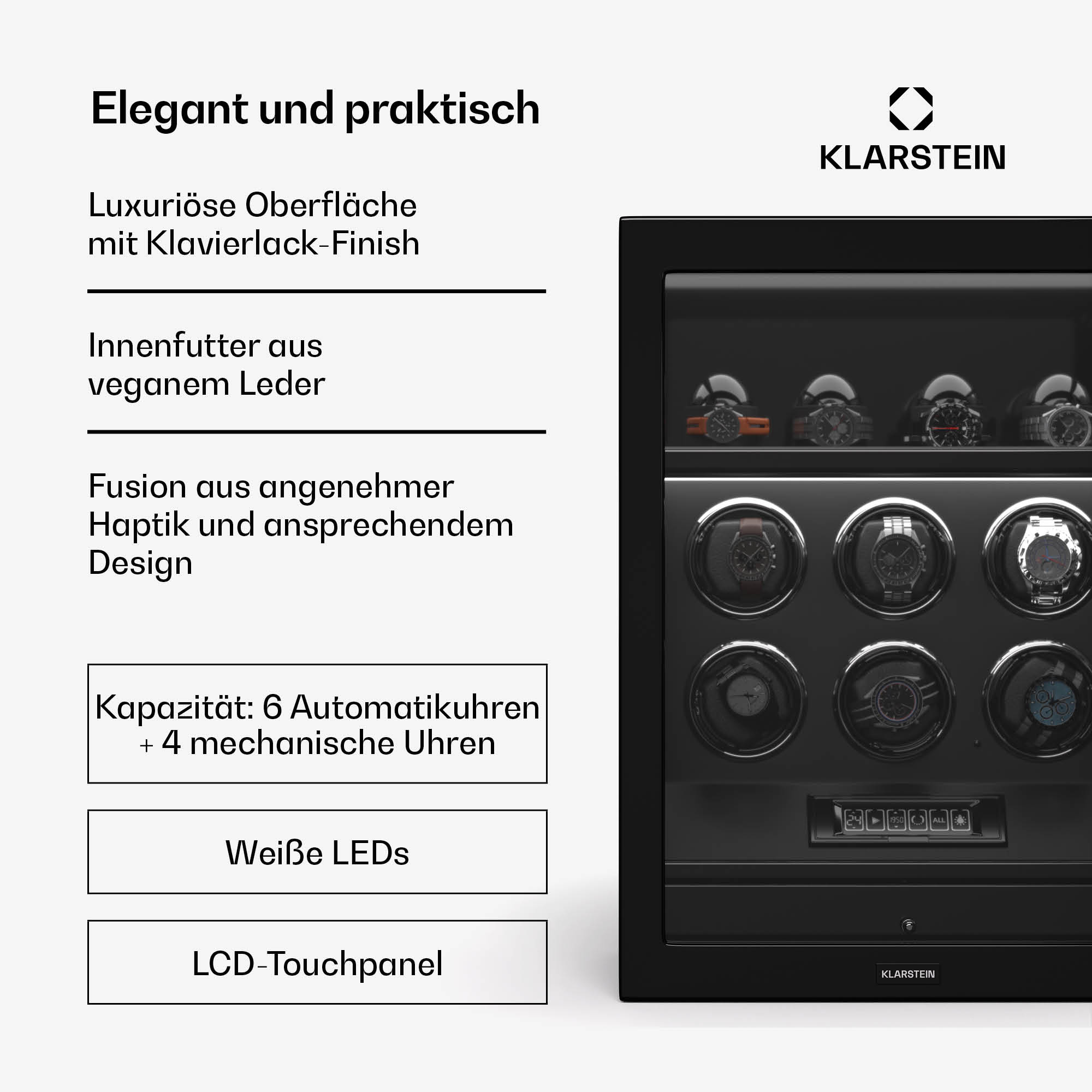 Schwarzer Uhrenbeweger, mit Uhren darin und Text, der Funktionen beschreibt.