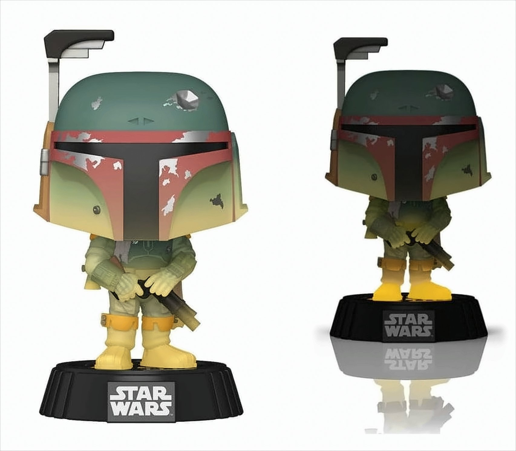 Dos figuras Funko Pop de Boba Fett con cascos, una en un soporte.