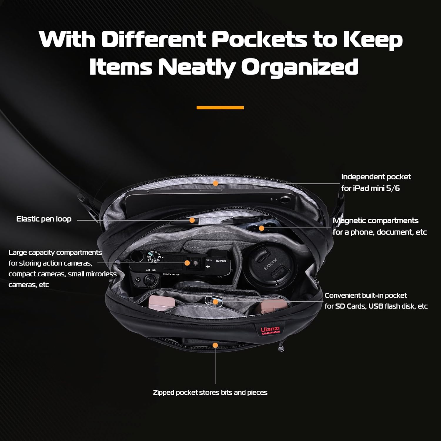 Borsa a tracolla nera aperta con scomparti per telefono, fotocamera, iPad, schede SD e altri oggetti.