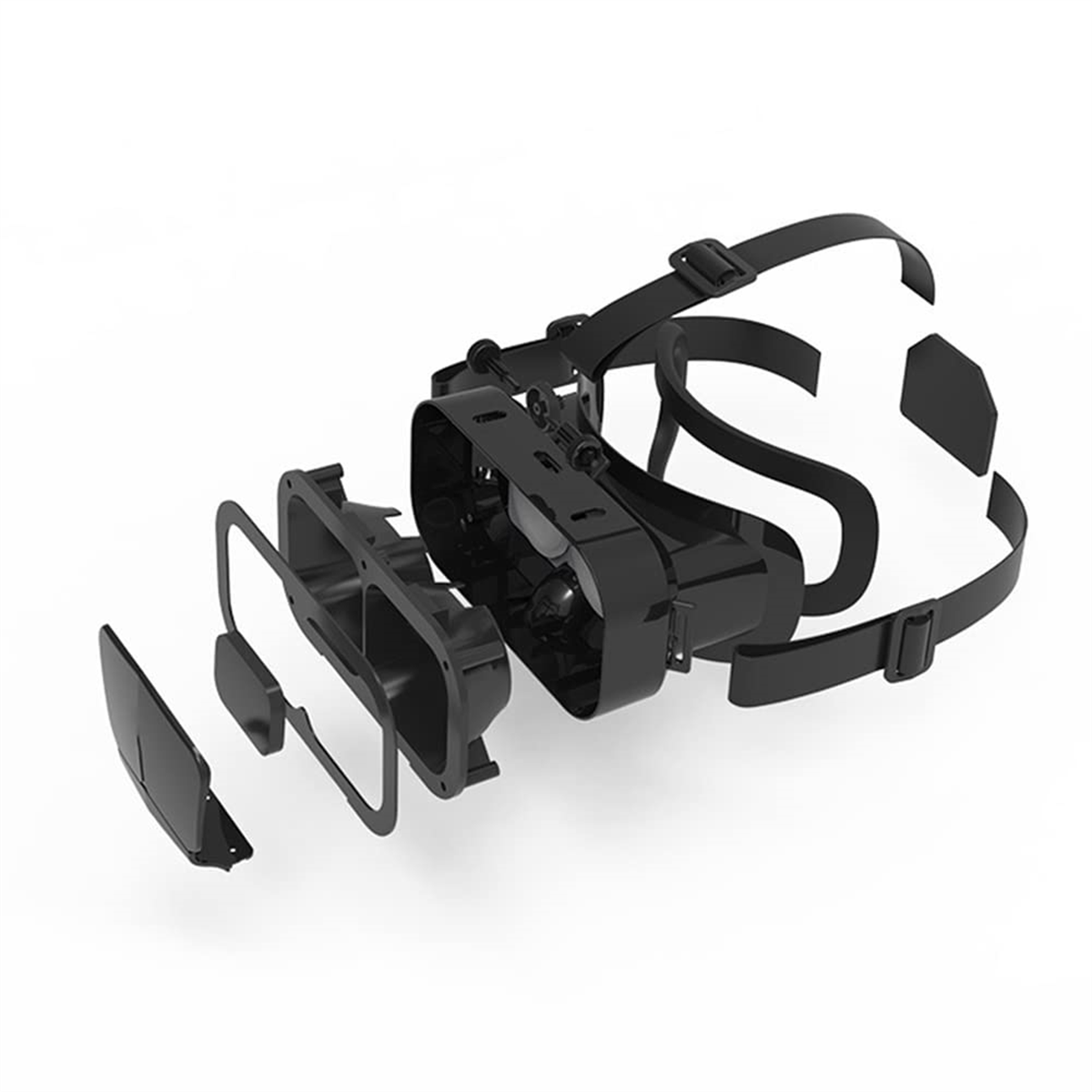 Schwarzes VR-Headset zerlegt, zeigt interne Komponenten.