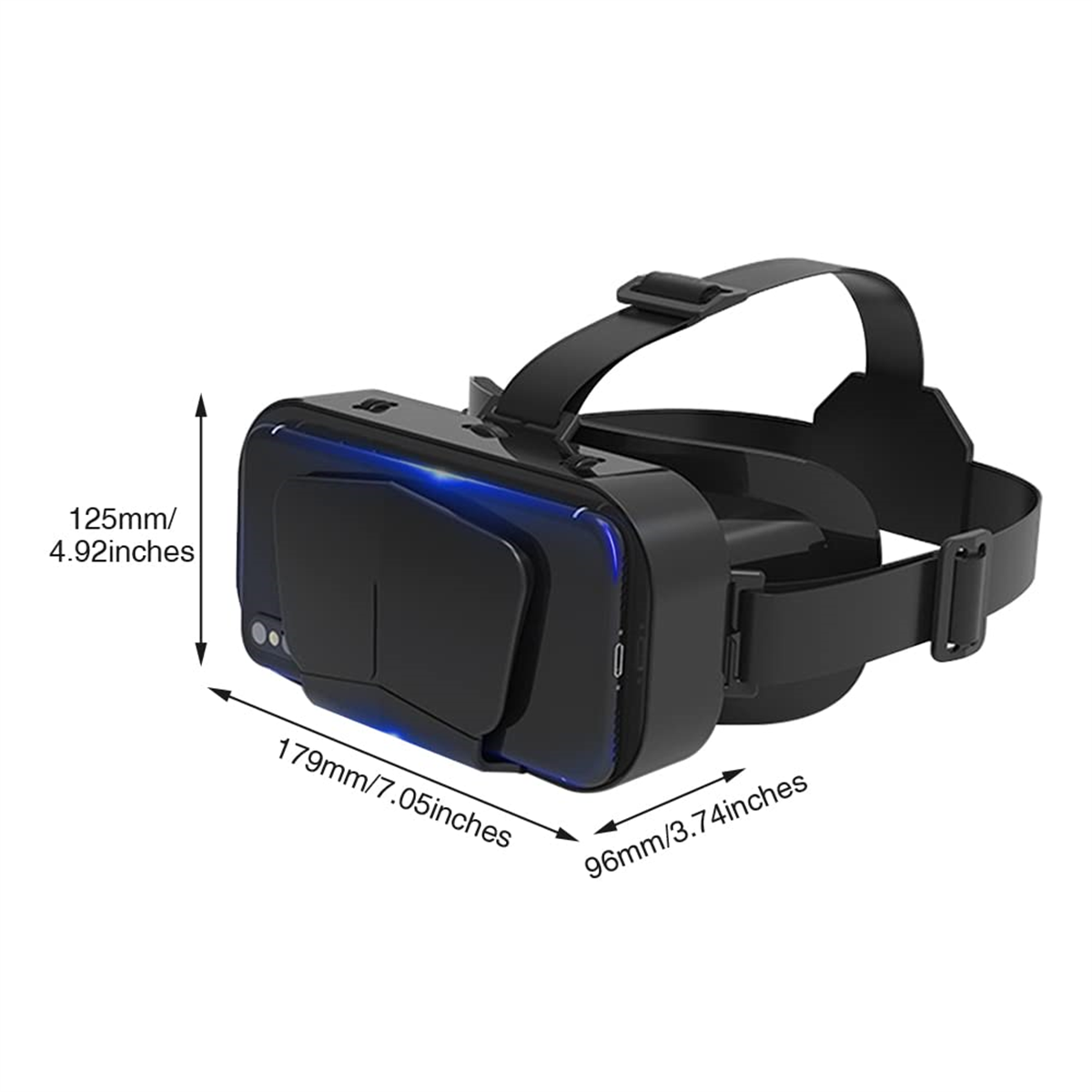 Schwarzes VR-Headset mit Abmessungen, auf weißem Hintergrund.