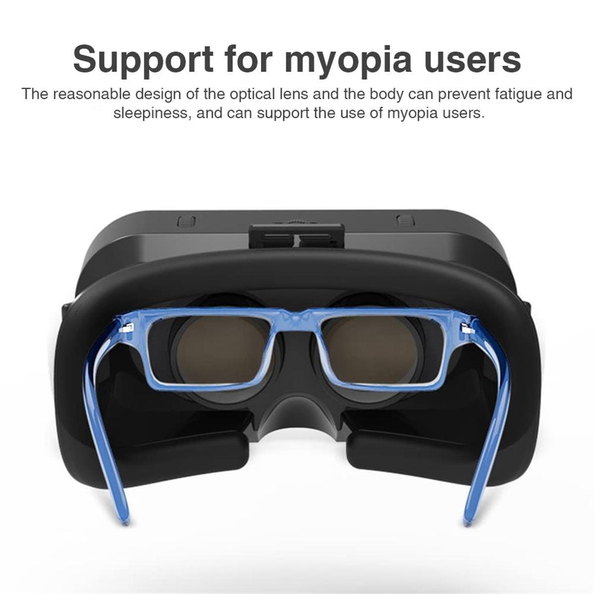 VR-Headset mit blauer Brille. Das Headset ist schwarz und die Brille hellblau.