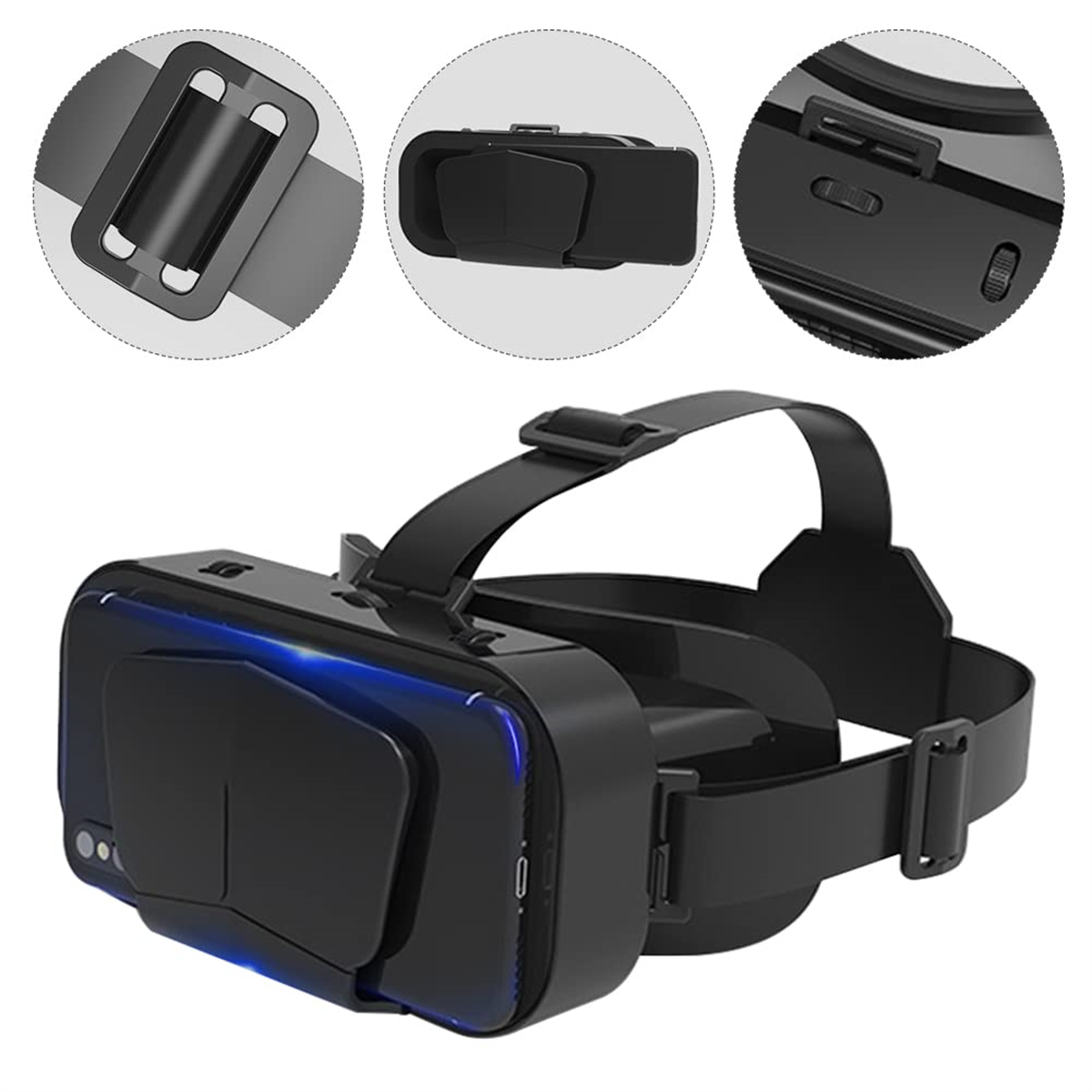 Schwarzes VR-Headset mit drei insetierten Bildern: einem Riemen, einem Einstellrad und der Oberseite des Headsets.