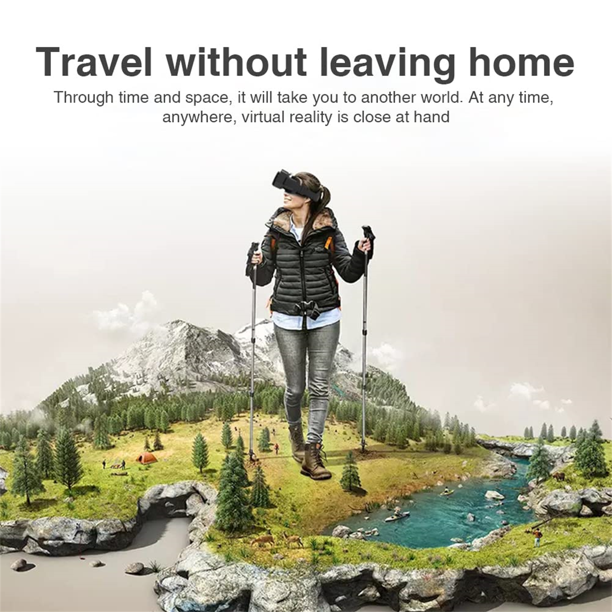 Person mit VR, die in einer Berglandschaft wandert. Bild mit Fluss und Bäumen.