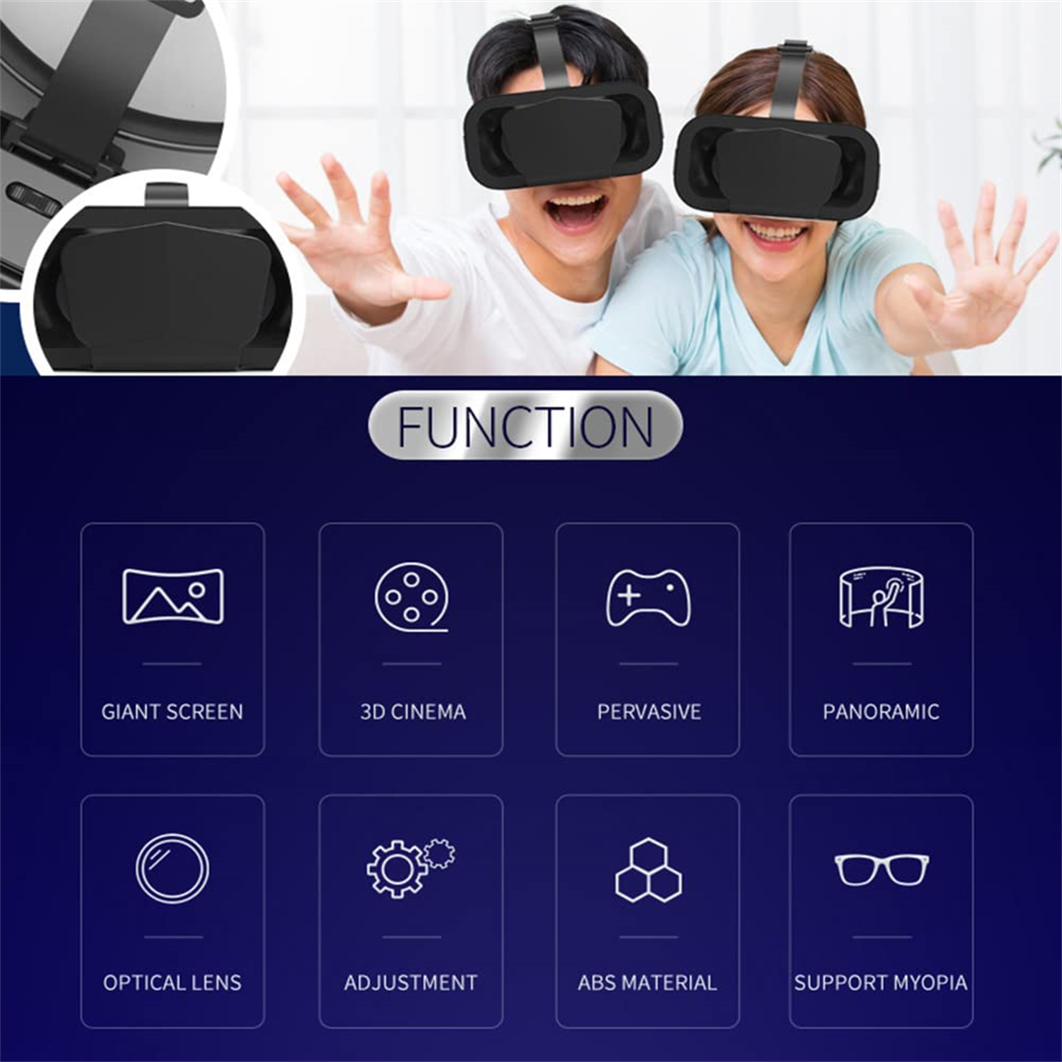 Ein Paar mit VR-Headsets, Symbole für VR-Funktionen.