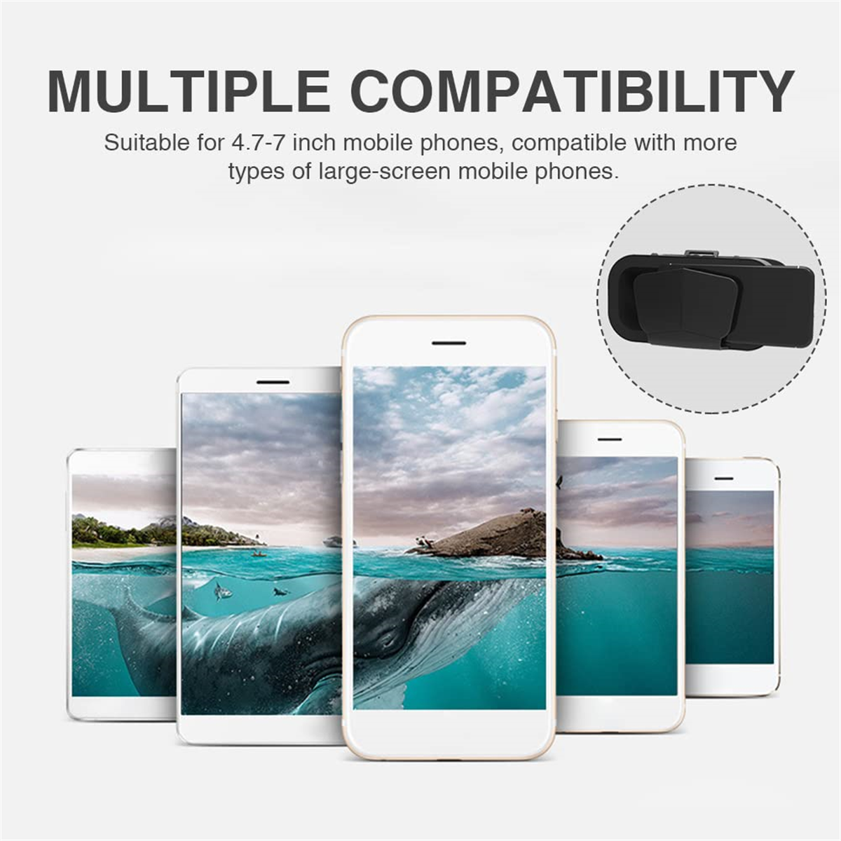 Mehrere Smartphones mit verschiedenen Meeresbildern auf dem Bildschirm, mit einem Zubehör.