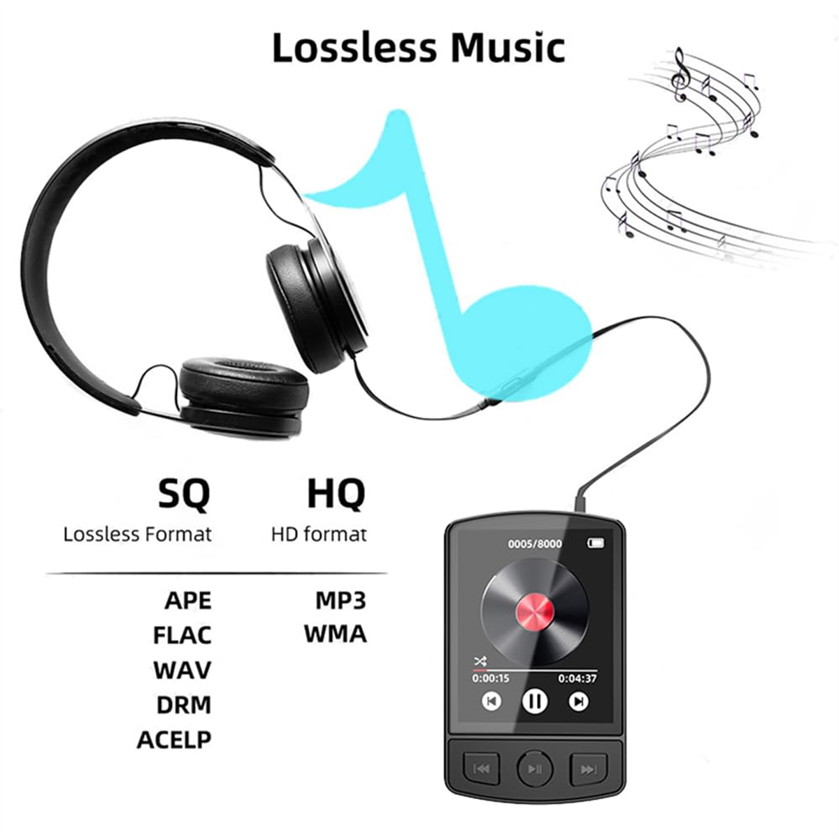 Kopfhörer, die an einen tragbaren Musikplayer angeschlossen sind, der Audioformate und Bedienelemente anzeigt.